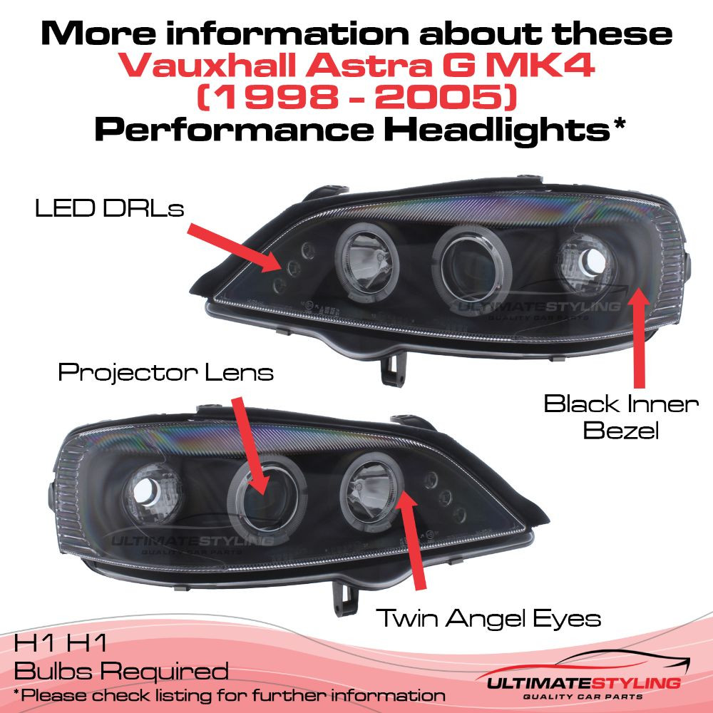 Vauxhall Astra Mk4 1998-2004 Upgrade Headlights Black Inner LED Twin Angel Eyes Halo and DRL Projector Xenon Look