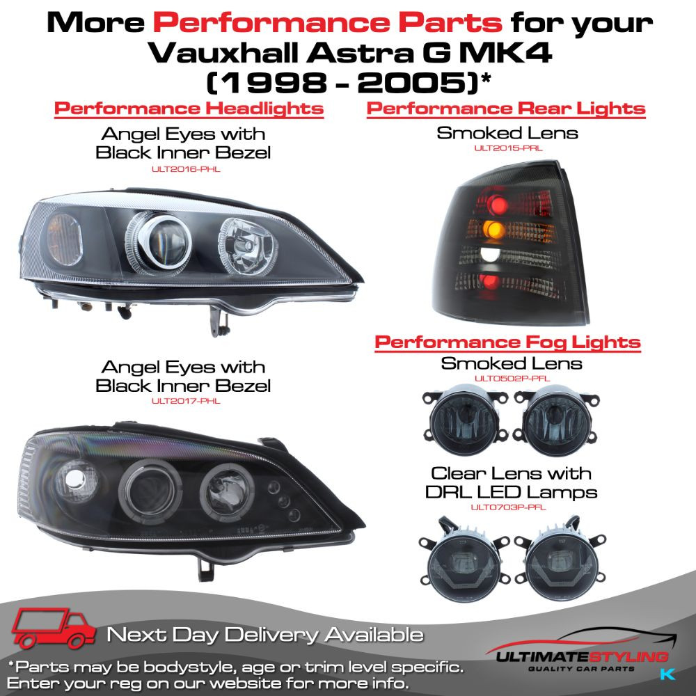 Vauxhall Astra Mk4 1998-2004 Upgrade Headlights Black Inner LED Twin Angel Eyes Halo and DRL Projector Xenon Look