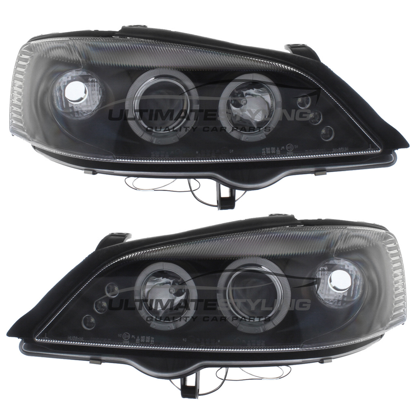 Vauxhall Astra Mk4 1998-2004 Upgrade Headlights Black Inner LED Twin Angel Eyes Halo and DRL Projector Xenon Look