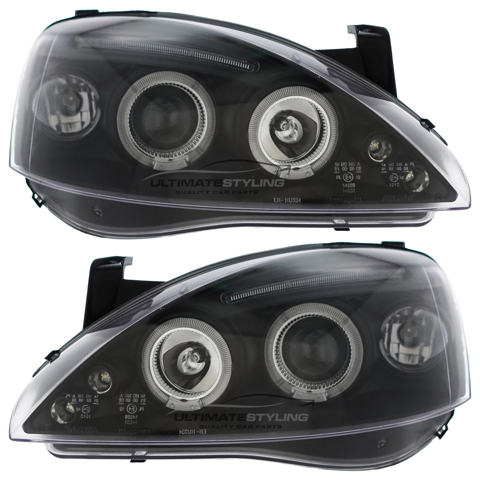 Vauxhall Corsa C 2000-2006 Upgrade Headlights Black Inner LED DRL and Twin Angel Eyes Projector Xenon Look