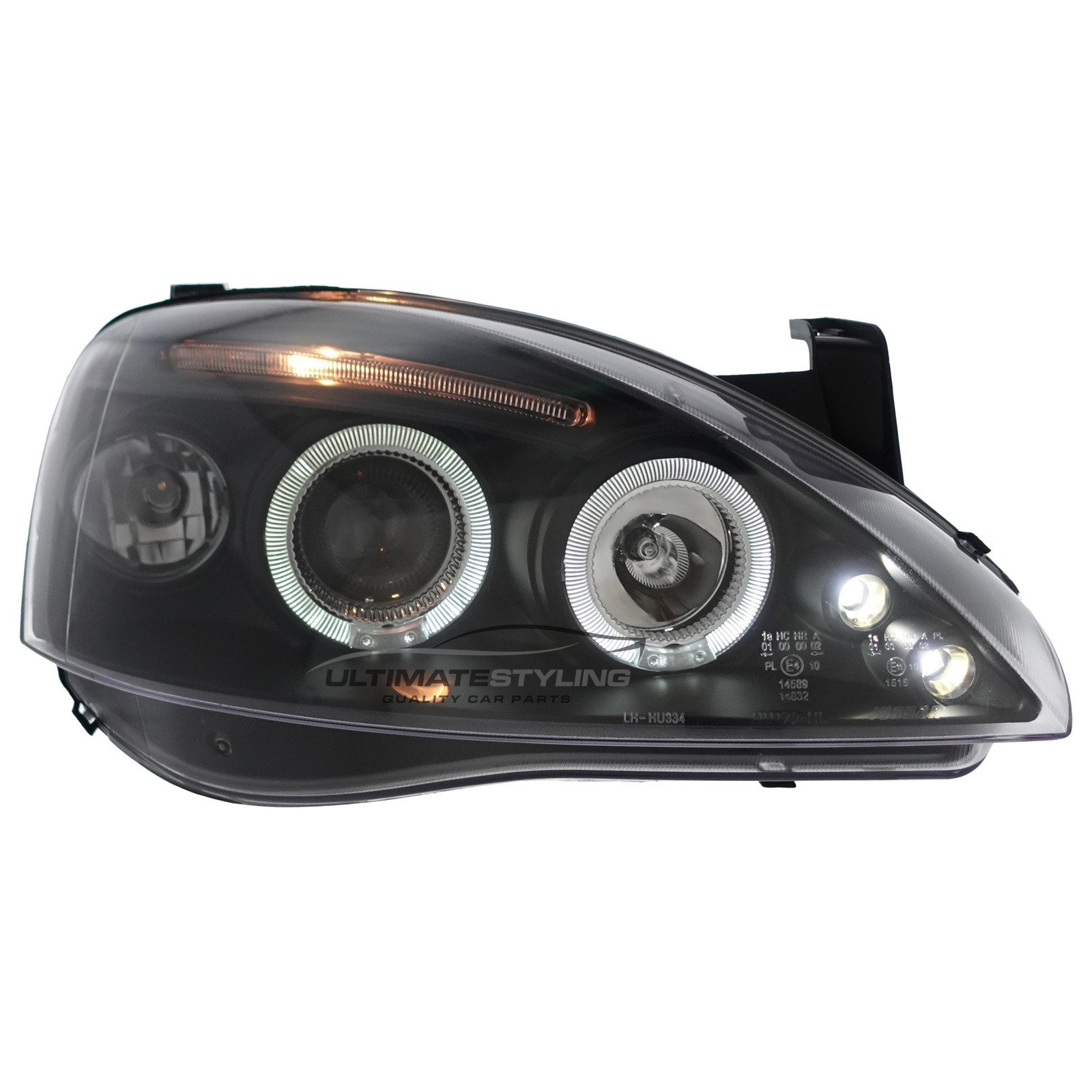 Vauxhall Corsa C 2000-2006 Upgrade Headlights Black Inner LED DRL and Twin Angel Eyes Projector Xenon Look