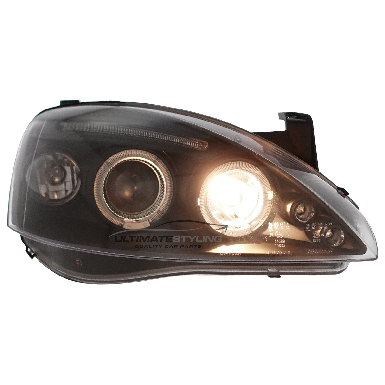 Vauxhall Corsa C 2000-2006 Upgrade Headlights Black Inner LED DRL and Twin Angel Eyes Projector Xenon Look