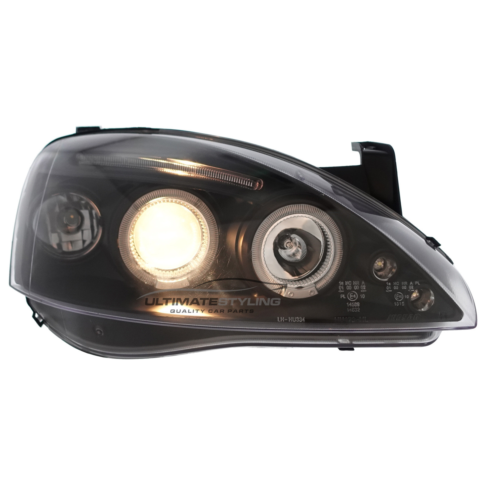 Vauxhall Corsa C 2000-2006 Upgrade Headlights Black Inner LED DRL and Twin Angel Eyes Projector Xenon Look