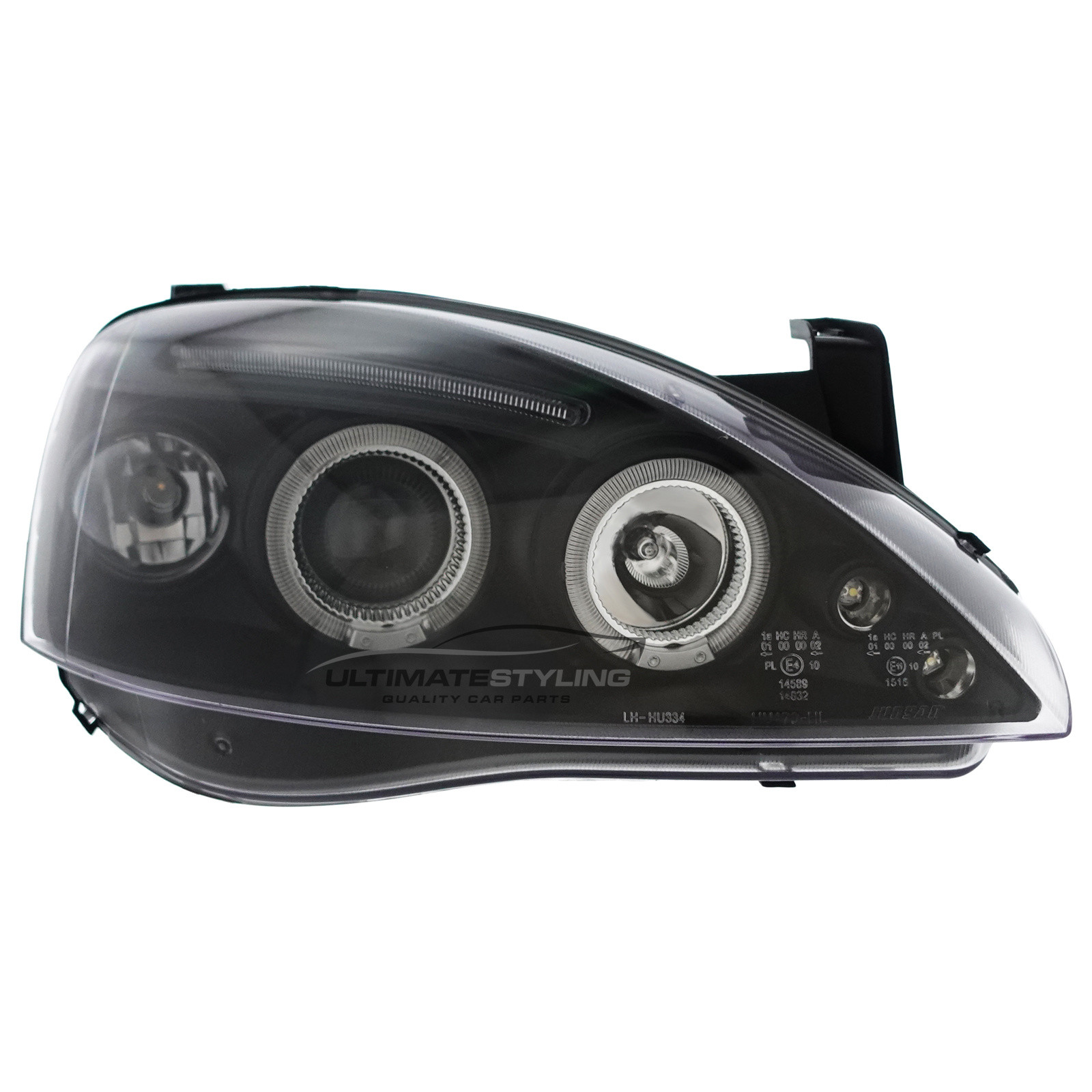 Vauxhall Corsa C 2000-2006 Upgrade Headlights Black Inner LED DRL and Twin Angel Eyes Projector Xenon Look