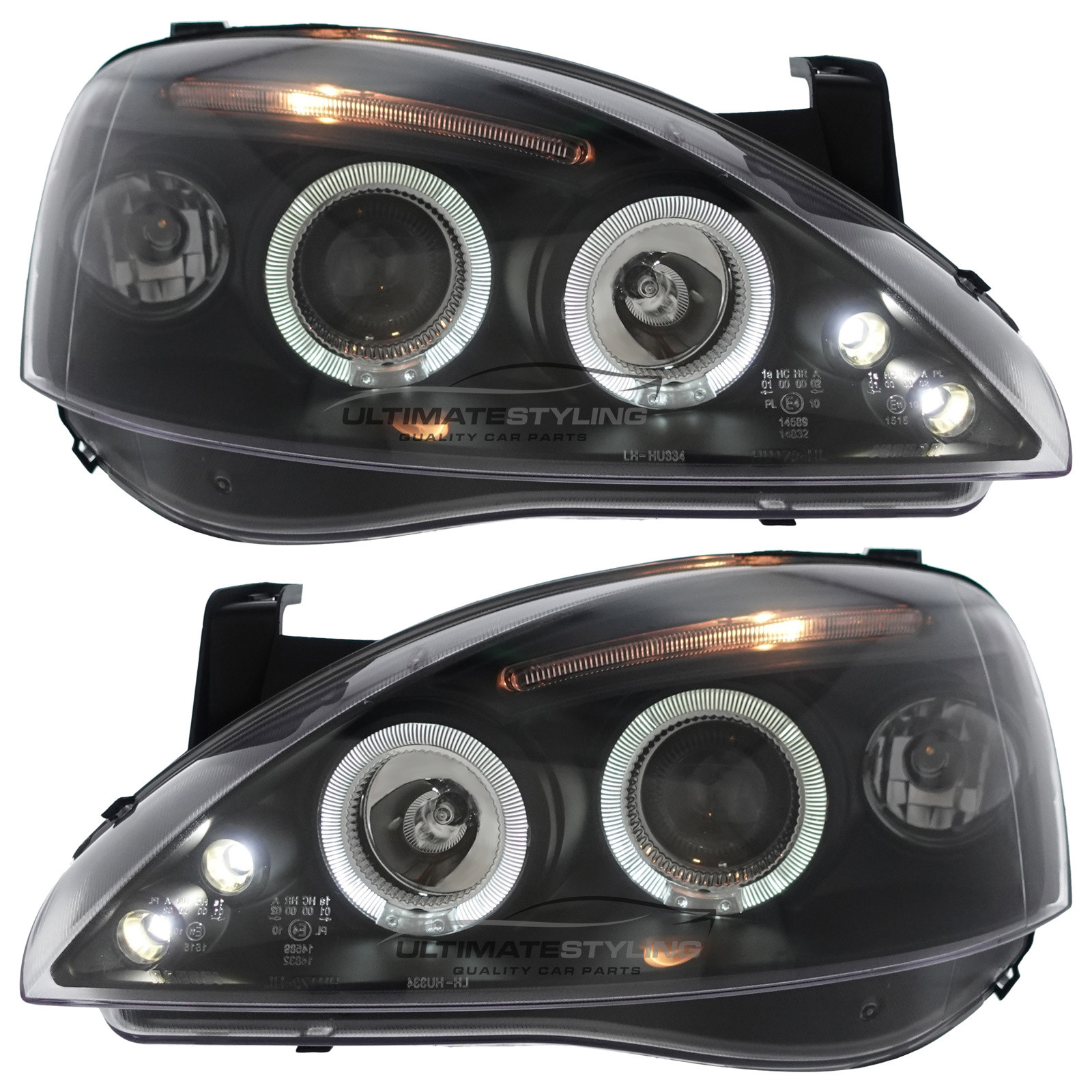 Vauxhall Corsa C 2000-2006 Upgrade Headlights Black Inner LED DRL and Twin Angel Eyes Projector Xenon Look