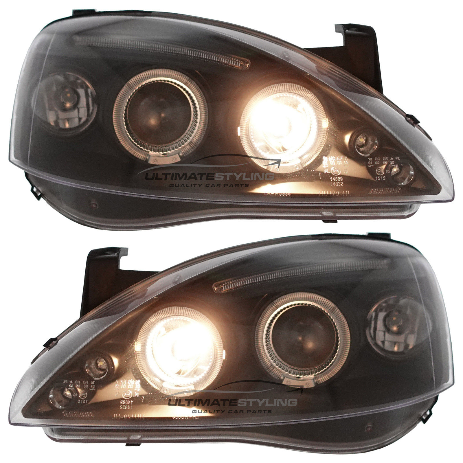 Vauxhall Corsa C 2000-2006 Upgrade Headlights Black Inner LED DRL and Twin Angel Eyes Projector Xenon Look