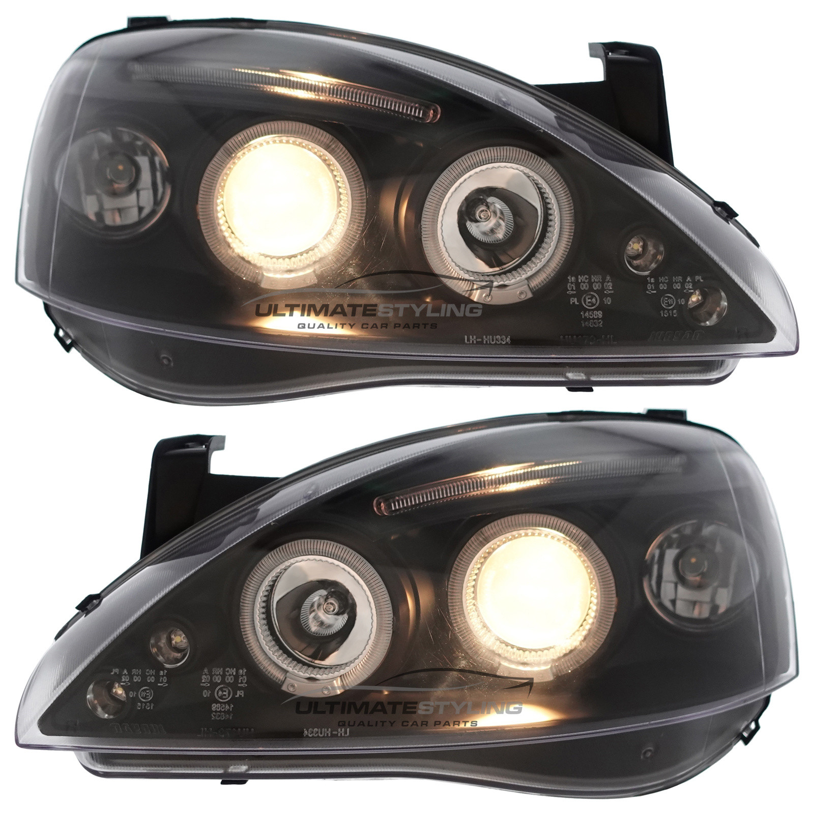 Vauxhall Corsa C 2000-2006 Upgrade Headlights Black Inner LED DRL and Twin Angel Eyes Projector Xenon Look