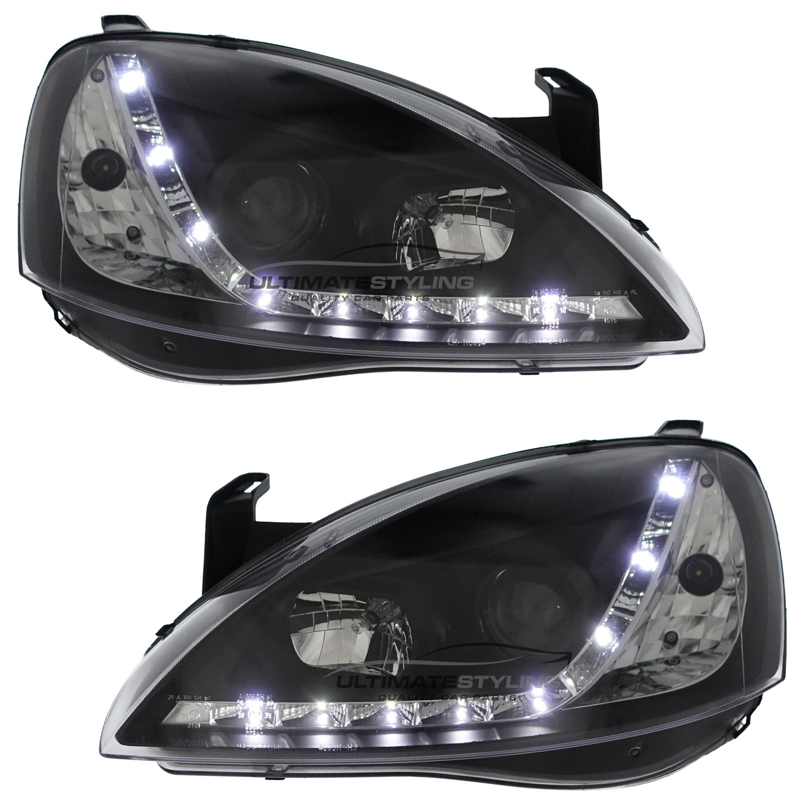 Vauxhall Corsa C 2000-2006 Headlights Black Inner LED DRL Projector Xenon Look
