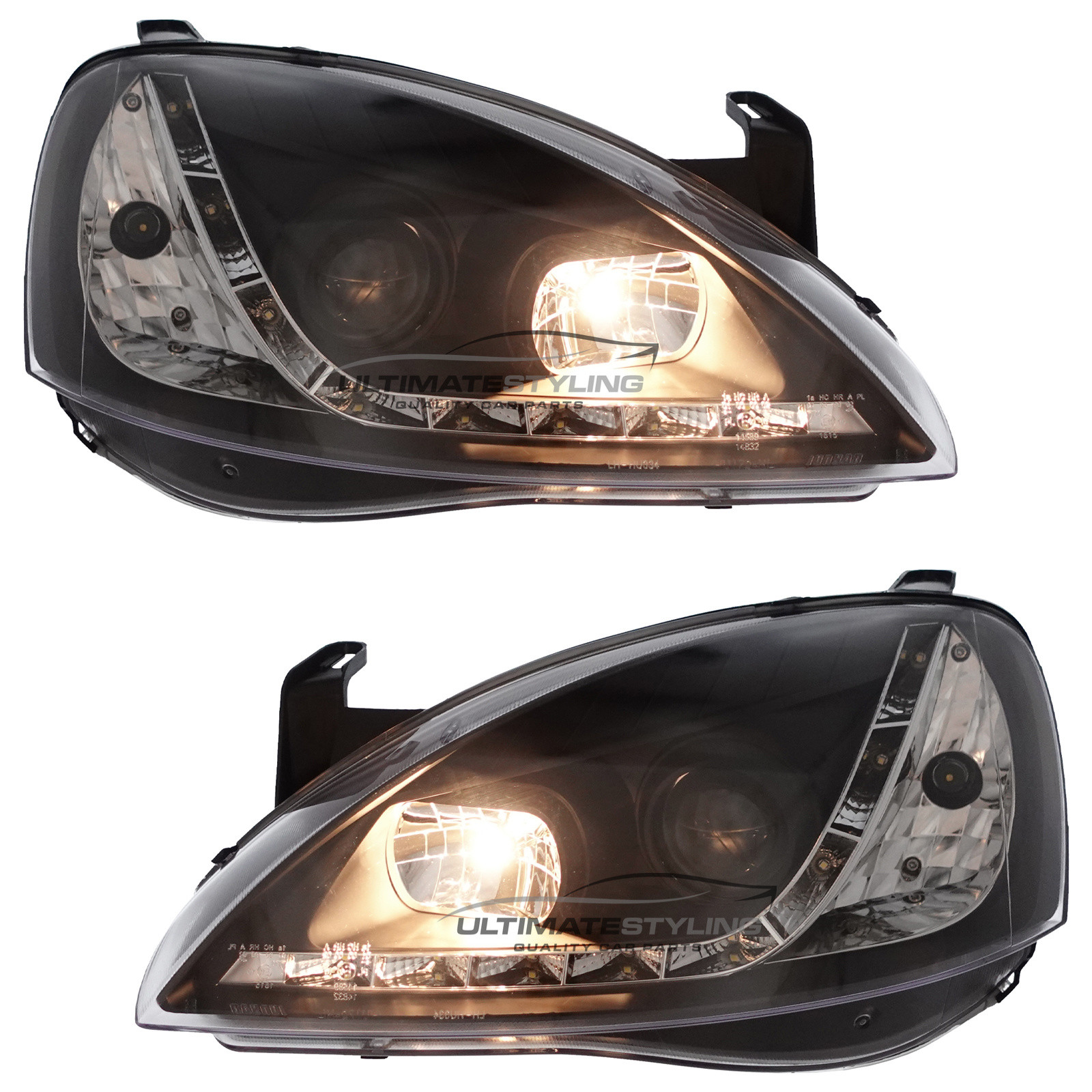 Vauxhall Corsa C 2000-2006 Headlights Black Inner LED DRL Projector Xenon Look