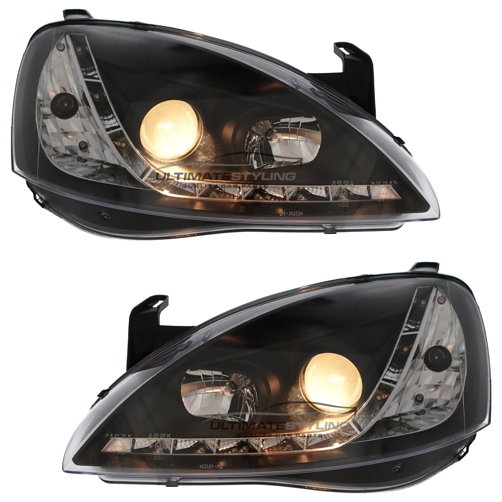 Vauxhall Corsa C 2000-2006 Headlights Black Inner LED DRL Projector Xenon Look