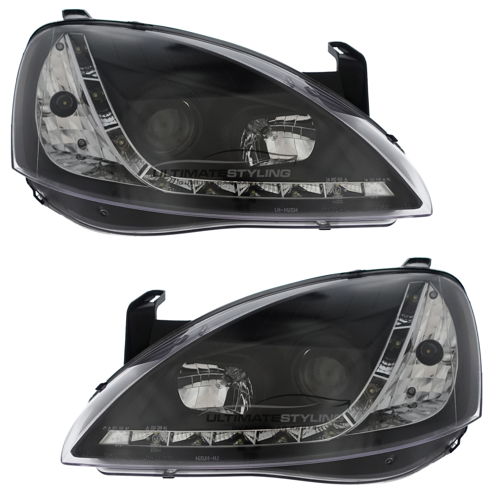 Vauxhall Corsa C 2000-2006 Headlights Black Inner LED DRL Projector Xenon Look