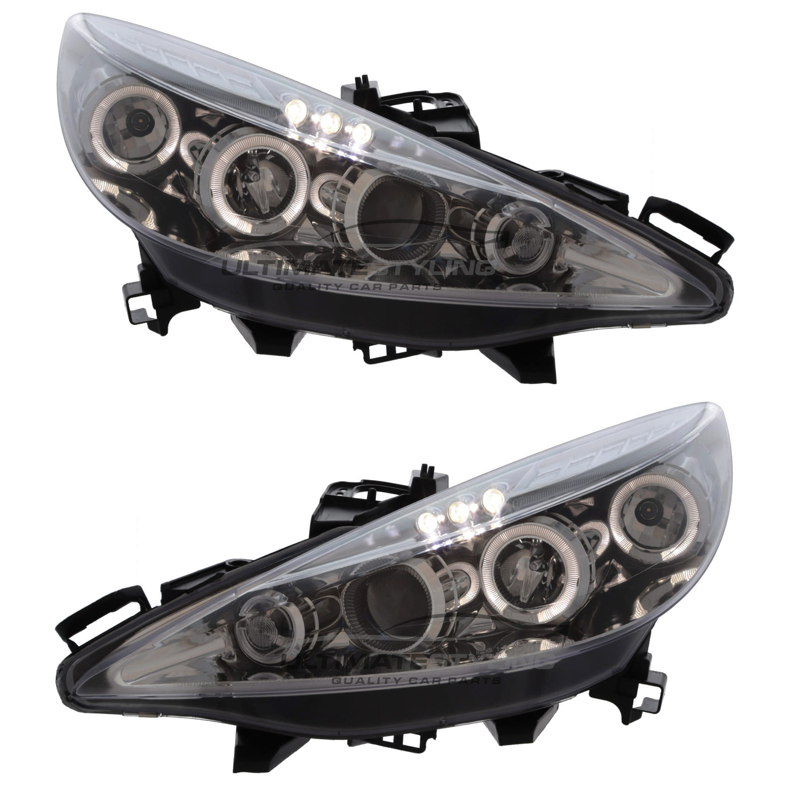 Peugeot 207 2006-2015 Upgrade Headlights Chrome Inner Angel Eyes Halo and DRL Projector Xenon look