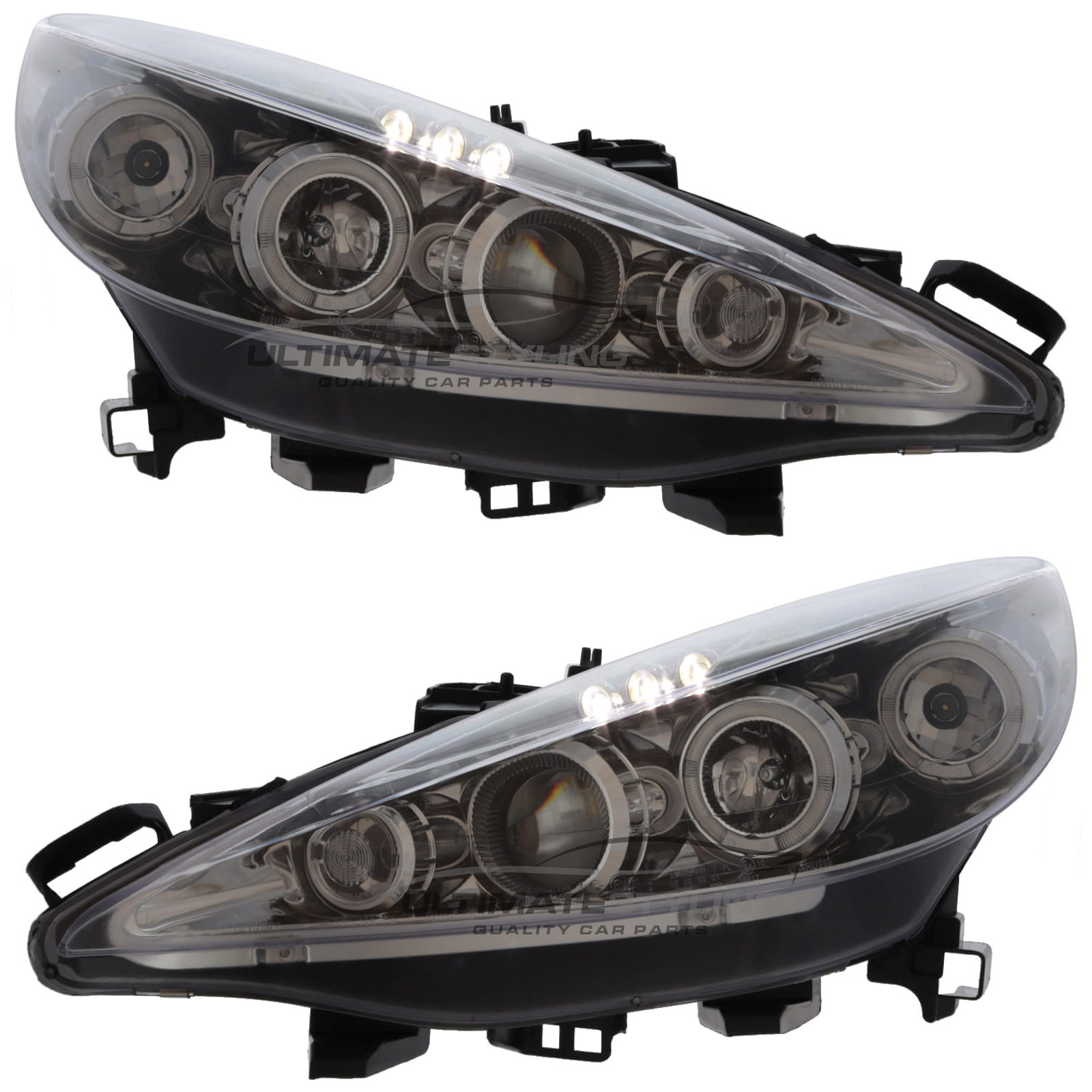 Peugeot 207 2006-2015 Upgrade Headlights Chrome Inner Angel Eyes Halo and DRL Projector Xenon look