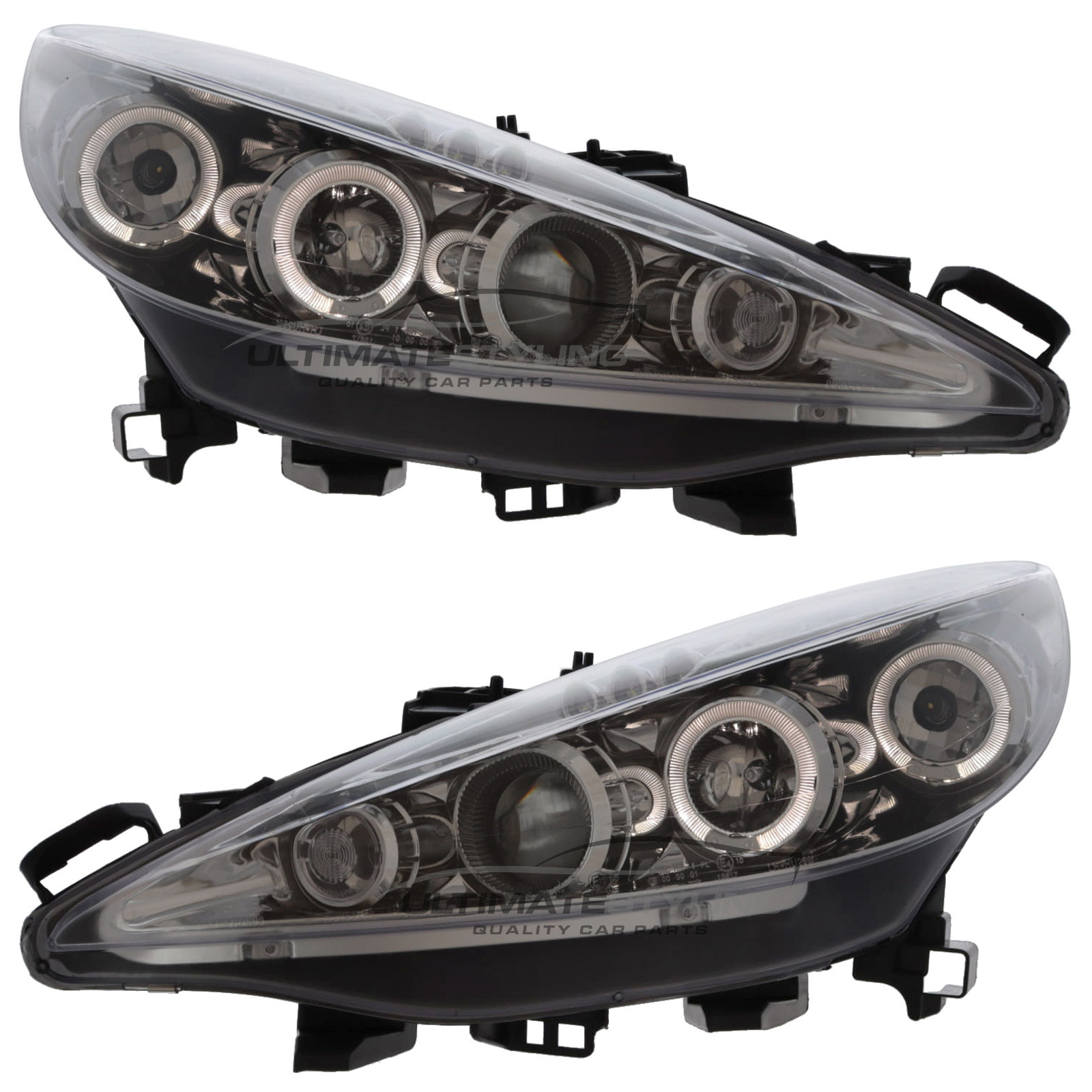 Peugeot 207 2006-2015 Upgrade Headlights Chrome Inner Angel Eyes Halo and DRL Projector Xenon look