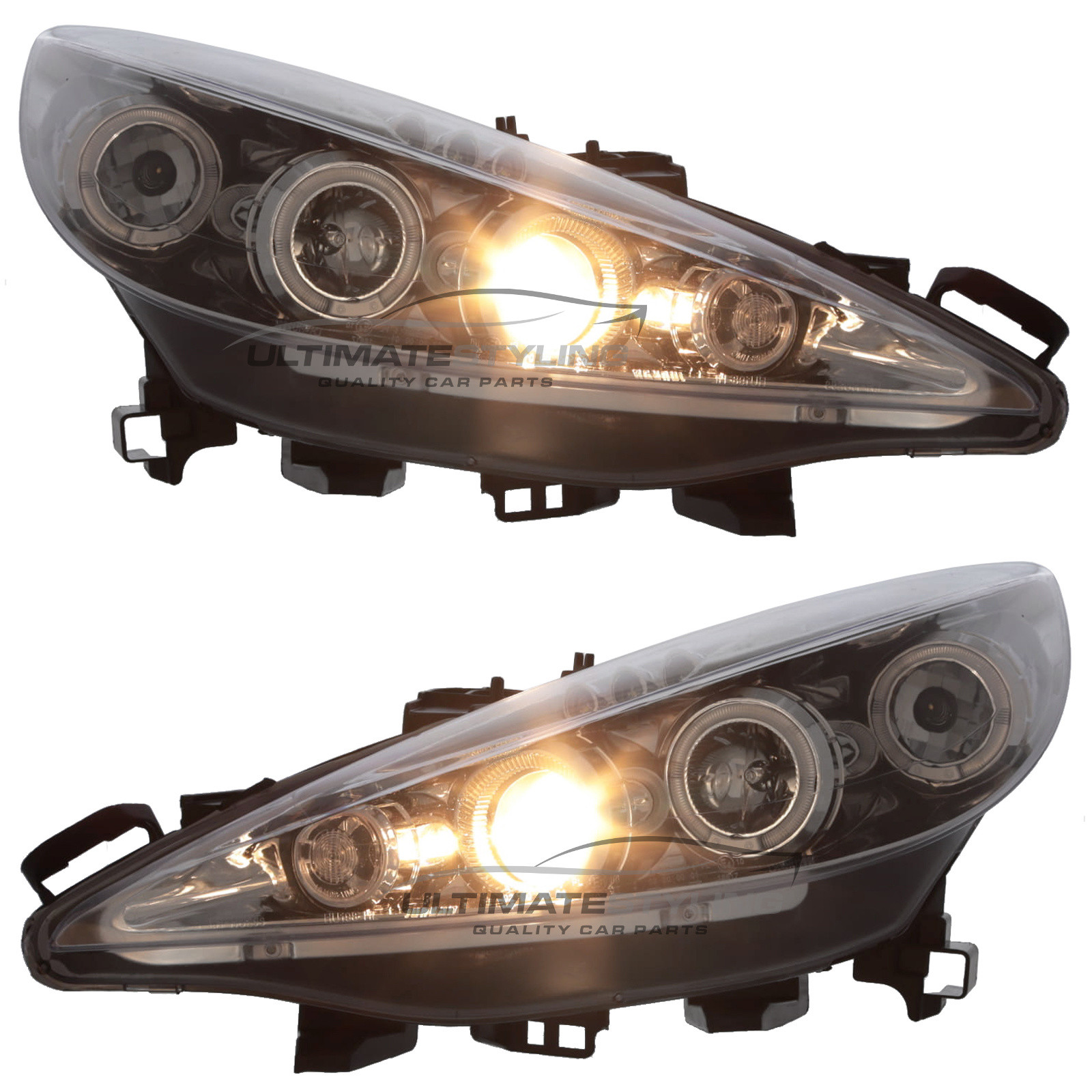 Peugeot 207 2006-2015 Upgrade Headlights Chrome Inner Angel Eyes Halo and DRL Projector Xenon look