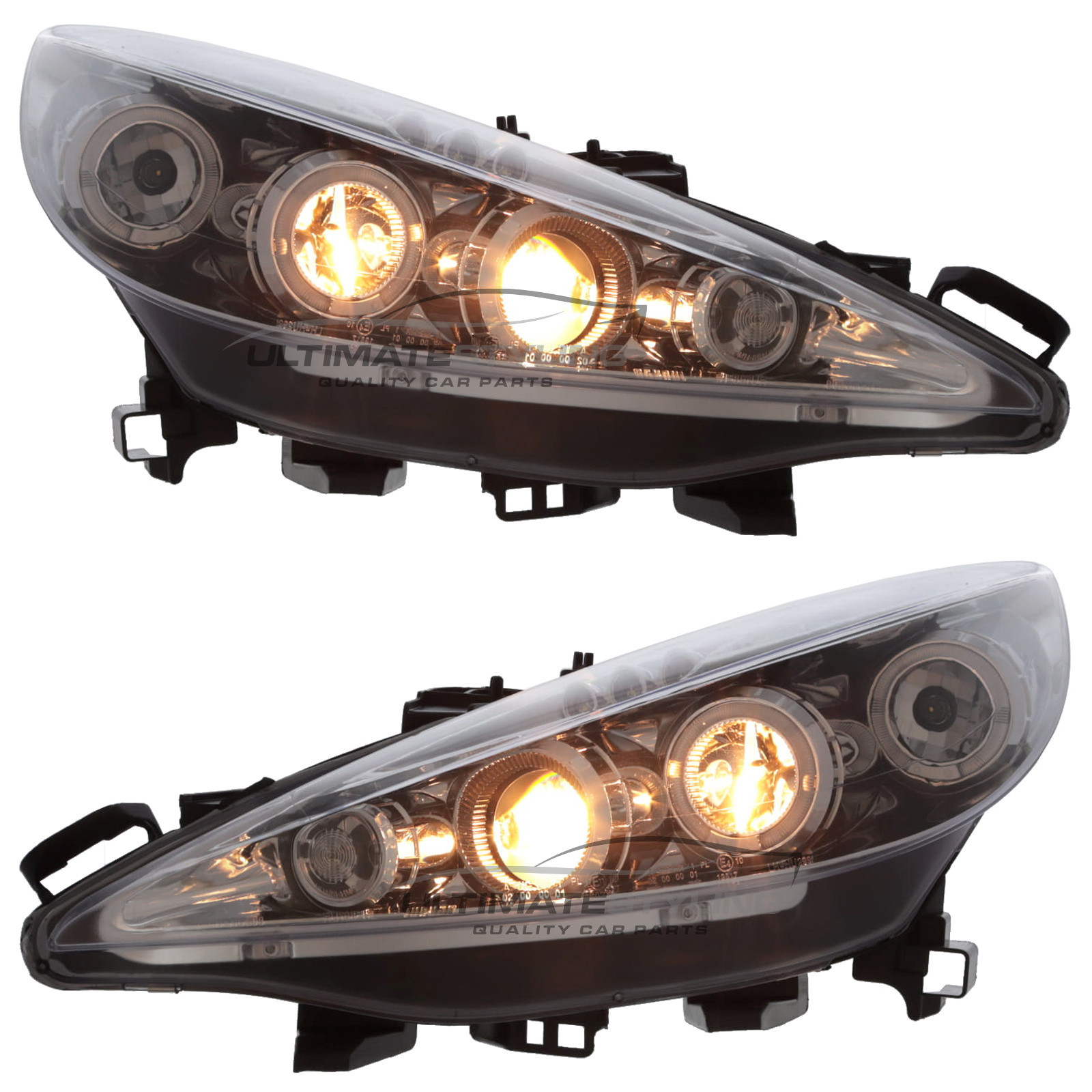 Peugeot 207 2006-2015 Upgrade Headlights Chrome Inner Angel Eyes Halo and DRL Projector Xenon look