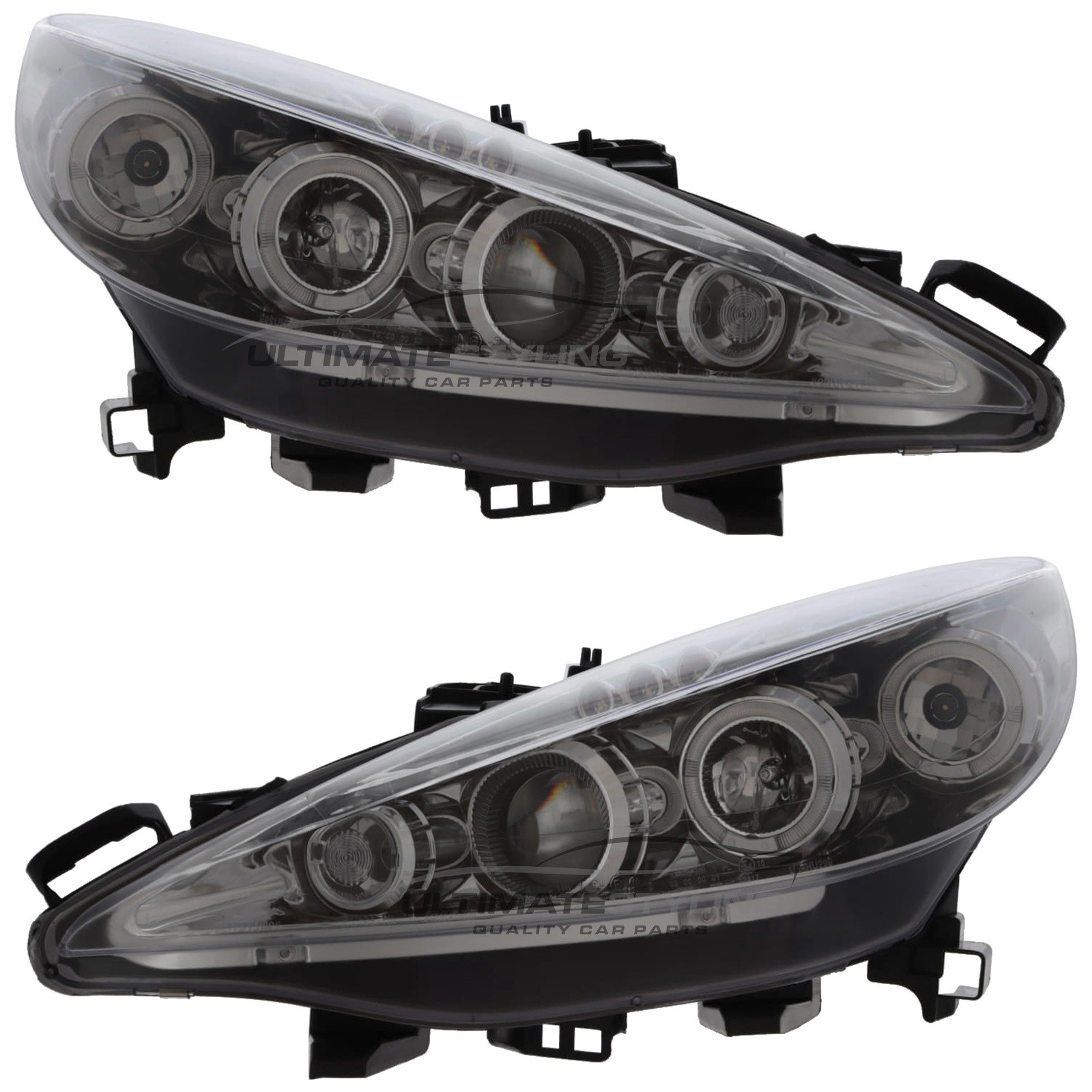 Peugeot 207 2006-2015 Upgrade Headlights Chrome Inner Angel Eyes Halo and DRL Projector Xenon look