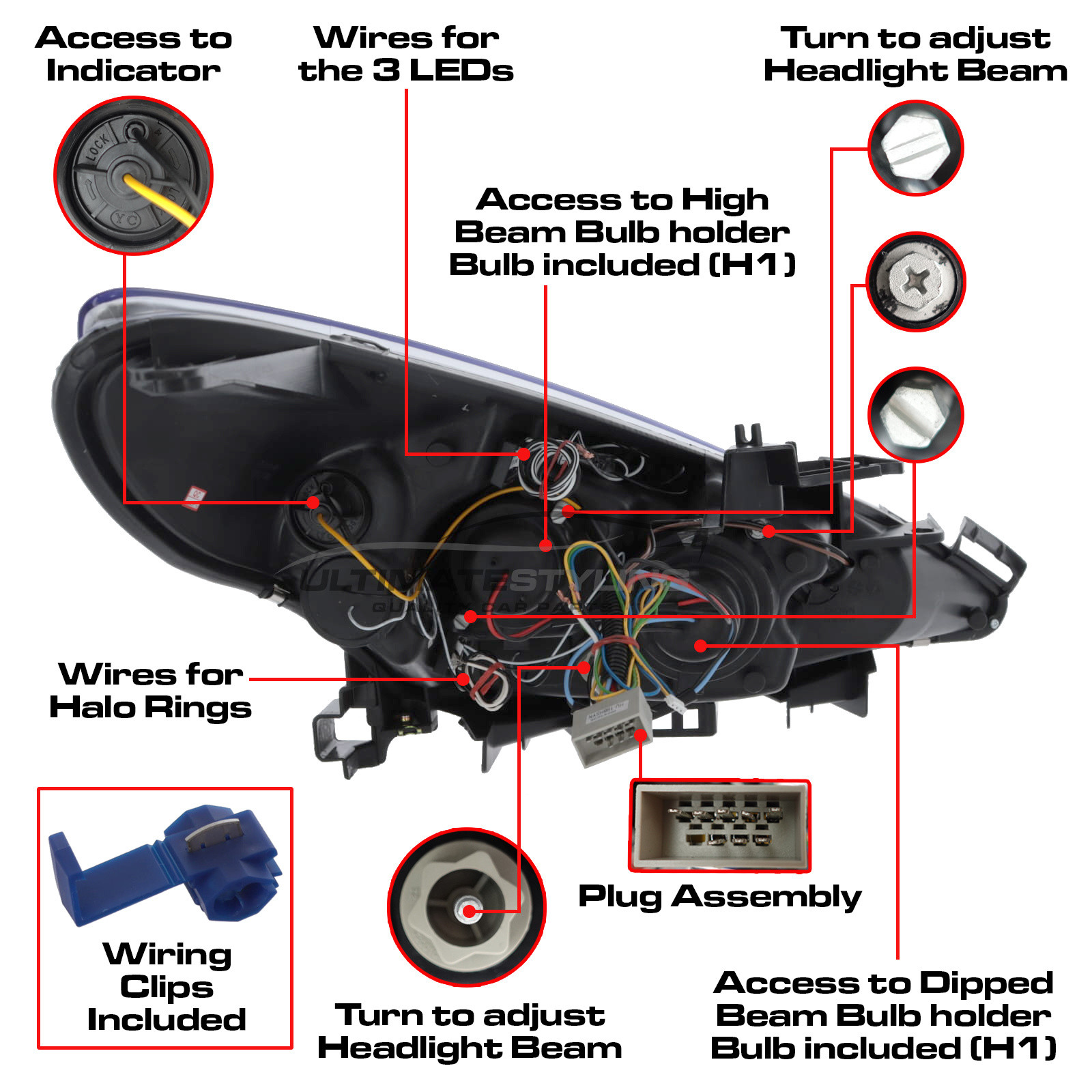 Peugeot 207 2006-2015 Upgrade Headlights Chrome Inner Angel Eyes Halo and DRL Projector Xenon look
