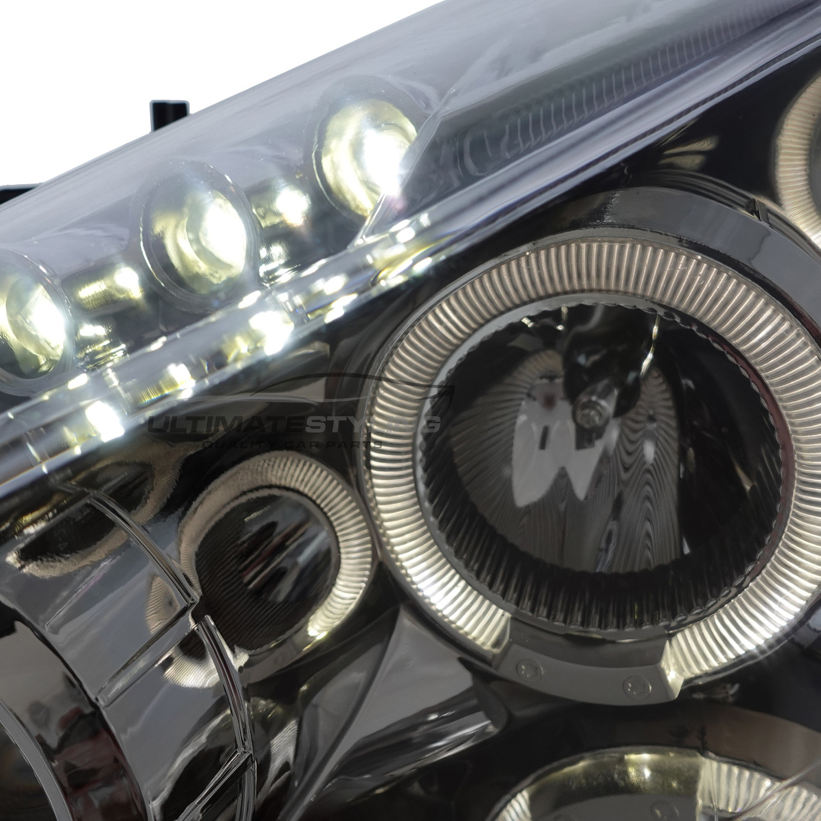 Peugeot 207 2006-2015 Upgrade Headlights Chrome Inner Angel Eyes Halo and DRL Projector Xenon look