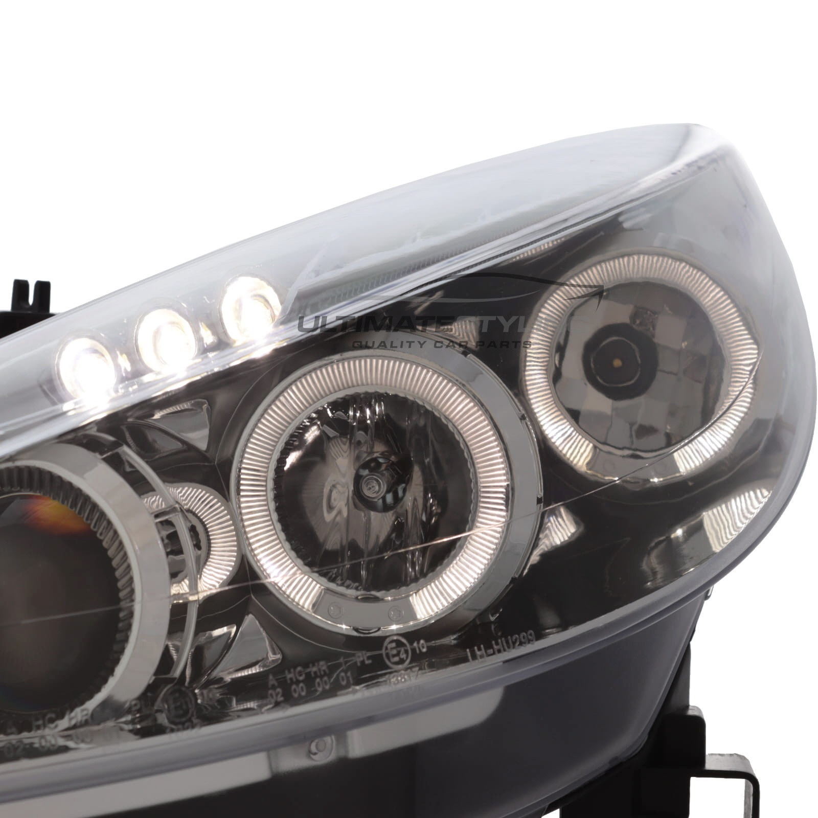 Peugeot 207 2006-2015 Upgrade Headlights Chrome Inner Angel Eyes Halo and DRL Projector Xenon look