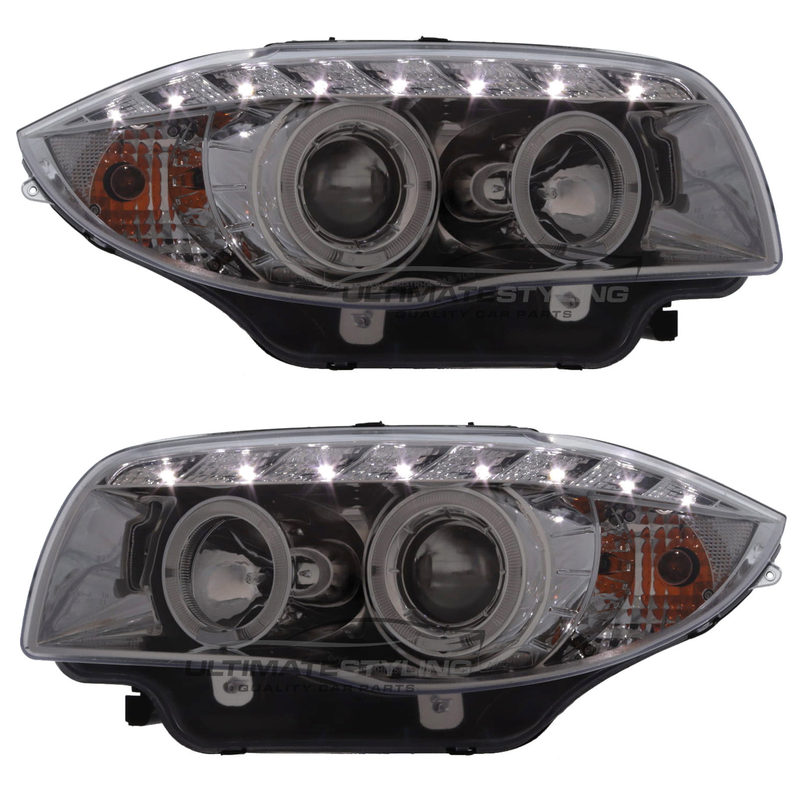 BMW 1 Series E87 5 Door Hatchback & E81 3 Door Hatchback 2004-2012 / E88 Cabriolet & E82 Coupe 2007-2014 - Upgrade Headlights Chrome Inner LED Twin Angel Eyes Halo with DRL Projector Xenon Look
