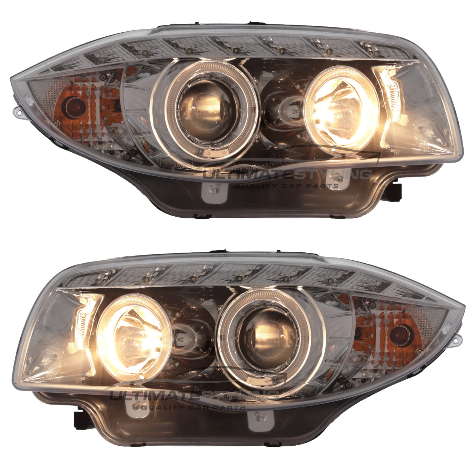 BMW 1 Series E87 5 Door Hatchback & E81 3 Door Hatchback 2004-2012 / E88 Cabriolet & E82 Coupe 2007-2014 - Upgrade Headlights Chrome Inner LED Twin Angel Eyes Halo with DRL Projector Xenon Look