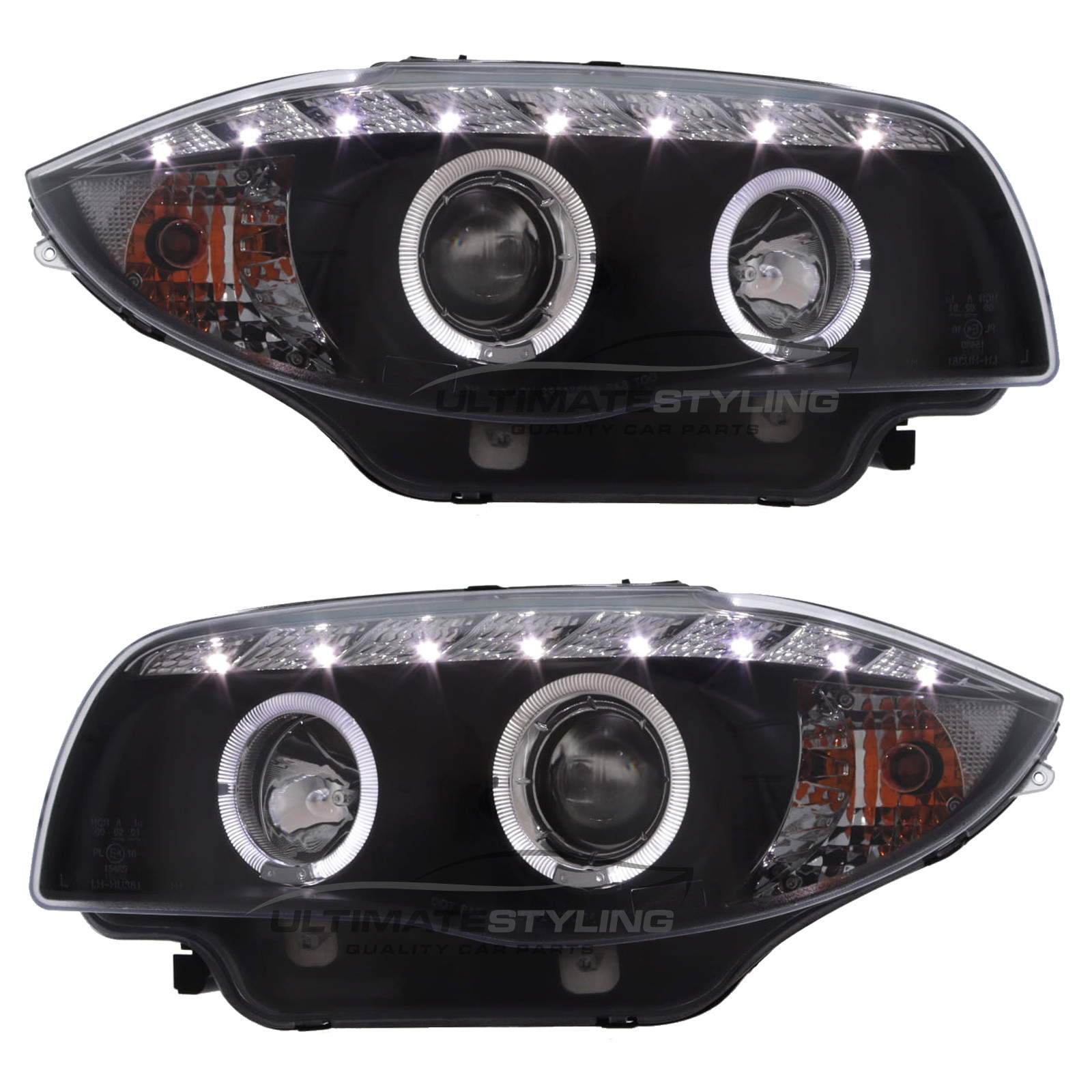 BMW 1 Series E87 5 Door Hatchback & E81 3 Door Hatchback 2004-2012 / E88 Cabriolet & E82 Coupe 2007-2014 - Upgrade Headlights Black Inner Twin Angel Eyes Halo LED With DRL Projector Xenon Look