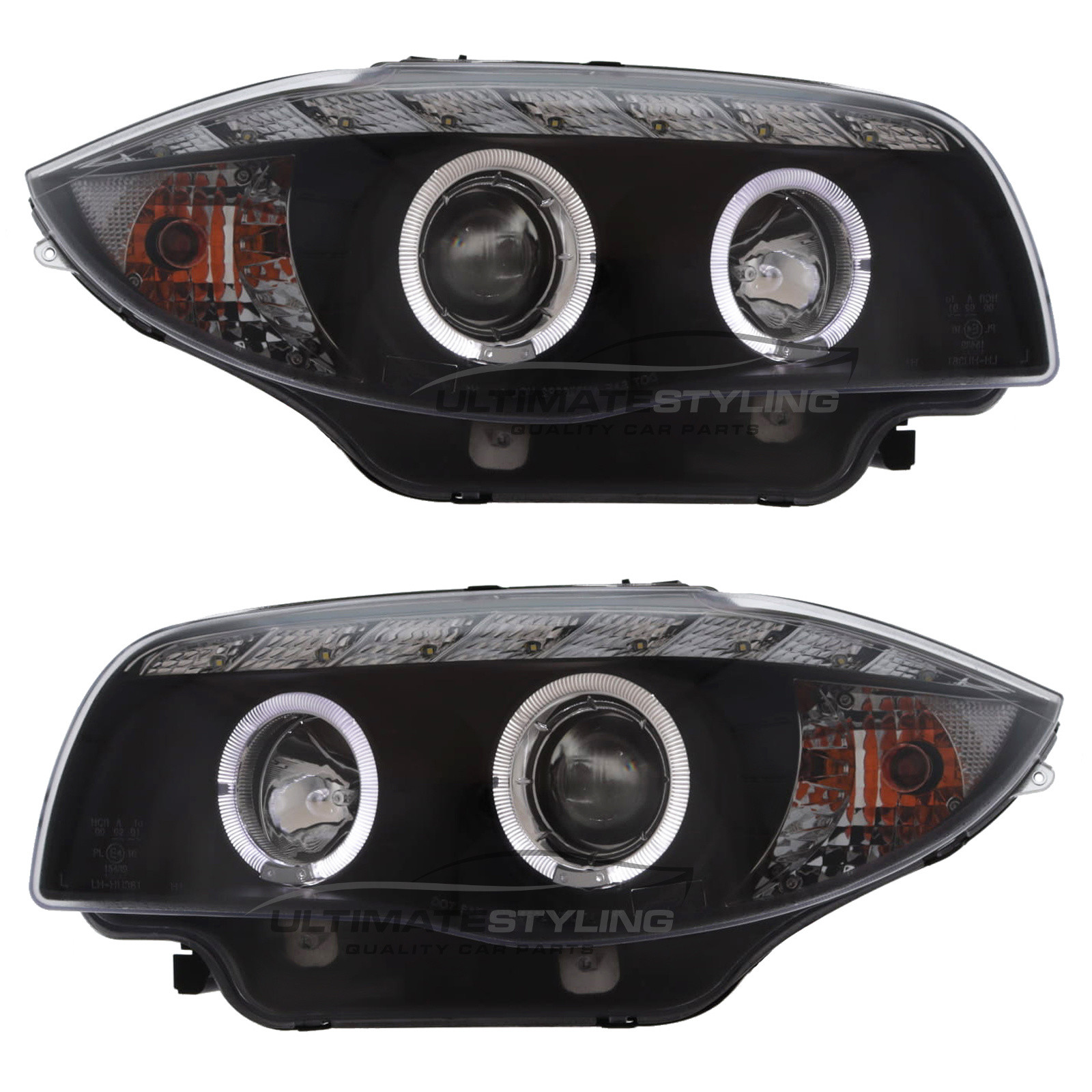BMW 1 Series E87 5 Door Hatchback & E81 3 Door Hatchback 2004-2012 / E88 Cabriolet & E82 Coupe 2007-2014 - Upgrade Headlights Black Inner Twin Angel Eyes Halo LED With DRL Projector Xenon Look