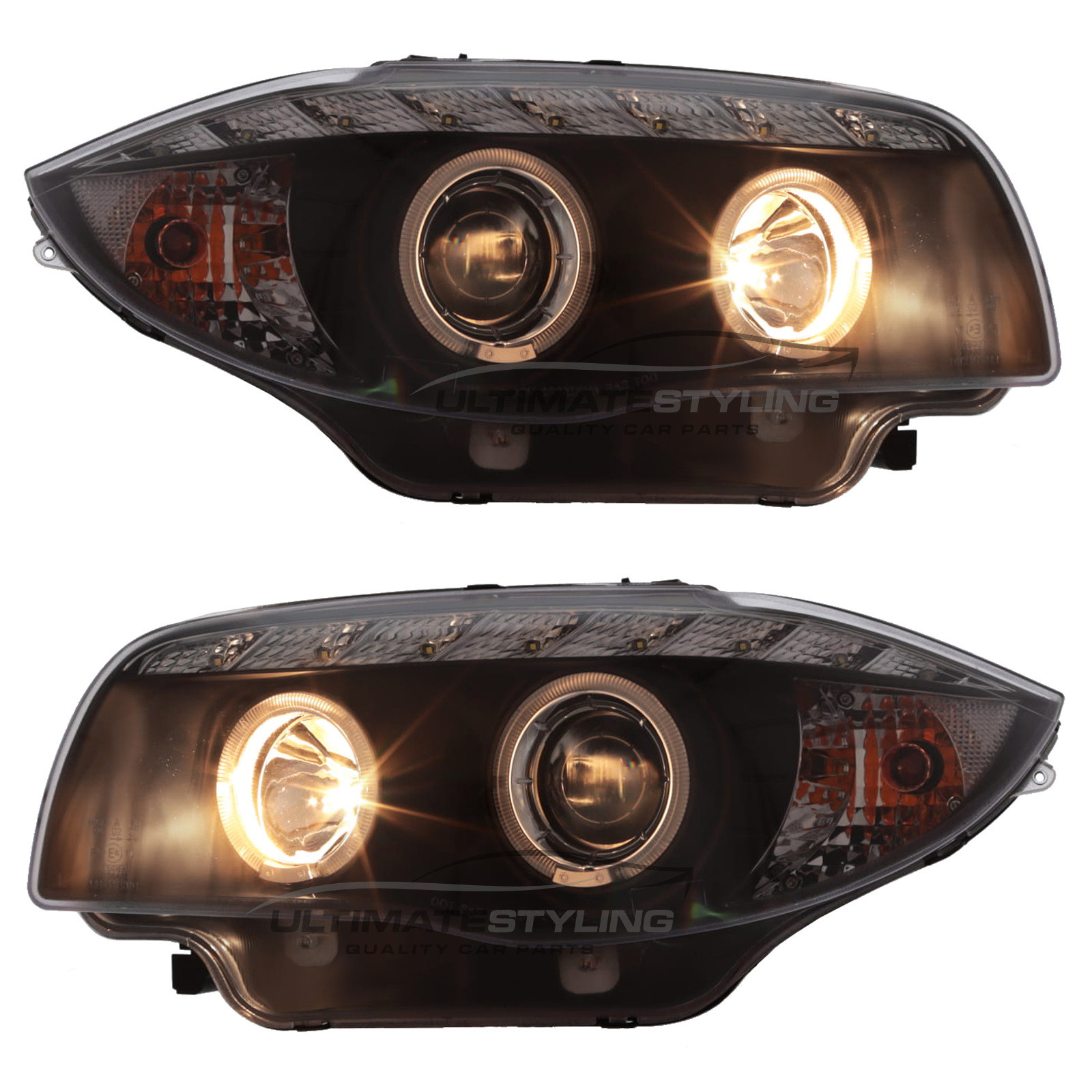 BMW 1 Series E87 5 Door Hatchback & E81 3 Door Hatchback 2004-2012 / E88 Cabriolet & E82 Coupe 2007-2014 - Upgrade Headlights Black Inner Twin Angel Eyes Halo LED With DRL Projector Xenon Look