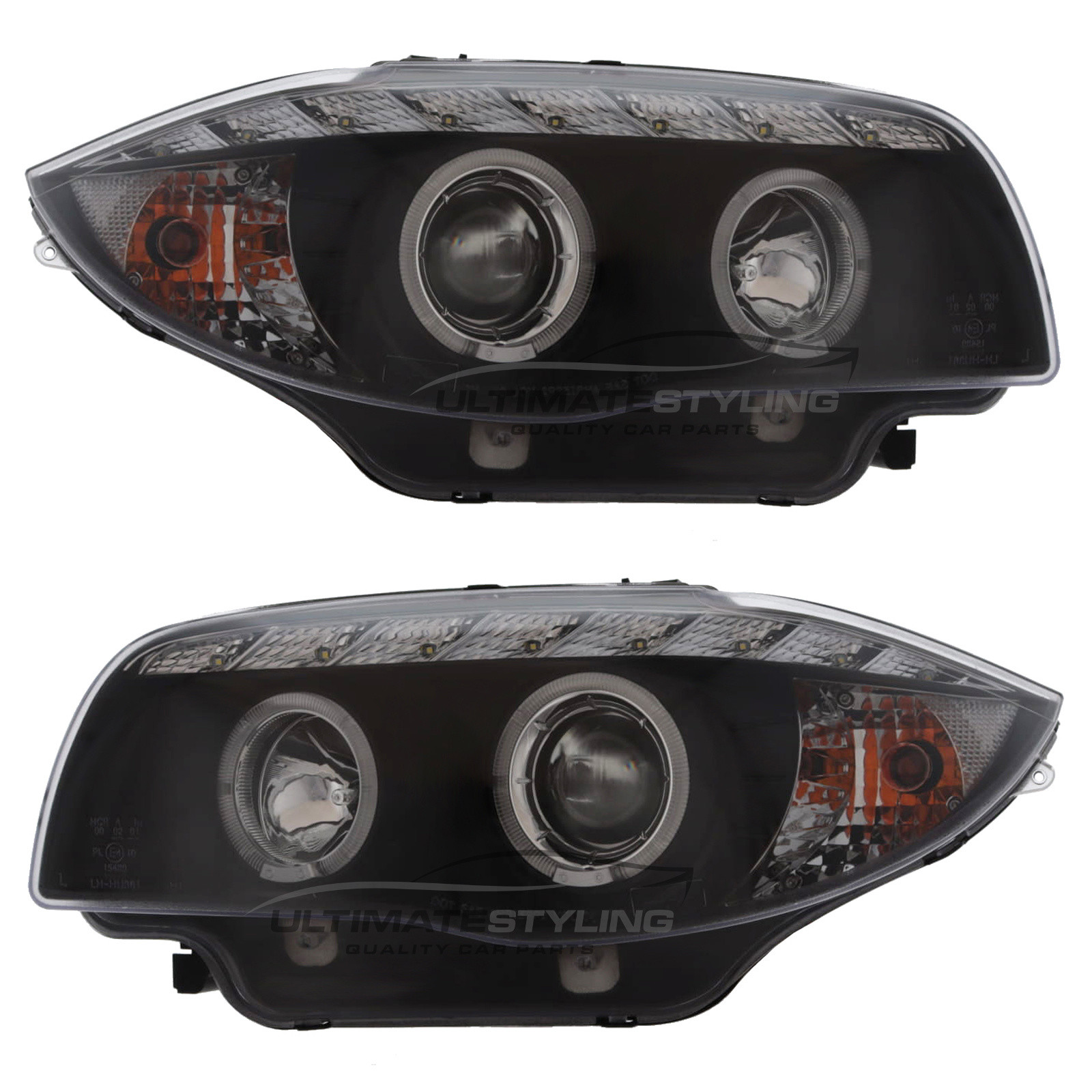 BMW 1 Series E87 5 Door Hatchback & E81 3 Door Hatchback 2004-2012 / E88 Cabriolet & E82 Coupe 2007-2014 - Upgrade Headlights Black Inner Twin Angel Eyes Halo LED With DRL Projector Xenon Look