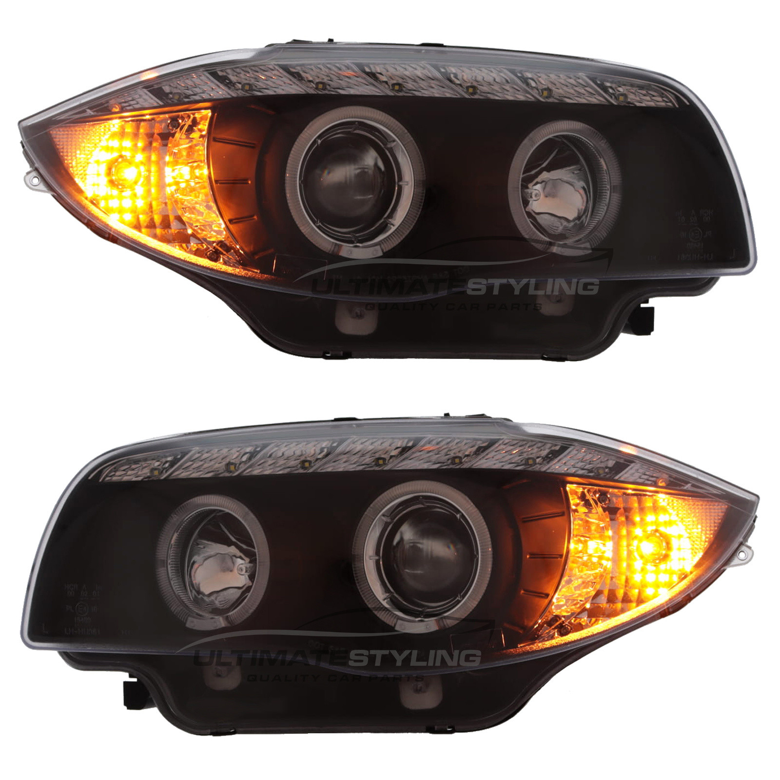 BMW 1 Series E87 5 Door Hatchback & E81 3 Door Hatchback 2004-2012 / E88 Cabriolet & E82 Coupe 2007-2014 - Upgrade Headlights Black Inner Twin Angel Eyes Halo LED With DRL Projector Xenon Look