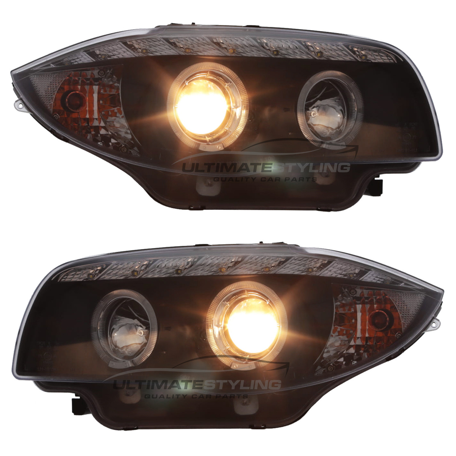 BMW 1 Series E87 5 Door Hatchback & E81 3 Door Hatchback 2004-2012 / E88 Cabriolet & E82 Coupe 2007-2014 - Upgrade Headlights Black Inner Twin Angel Eyes Halo LED With DRL Projector Xenon Look