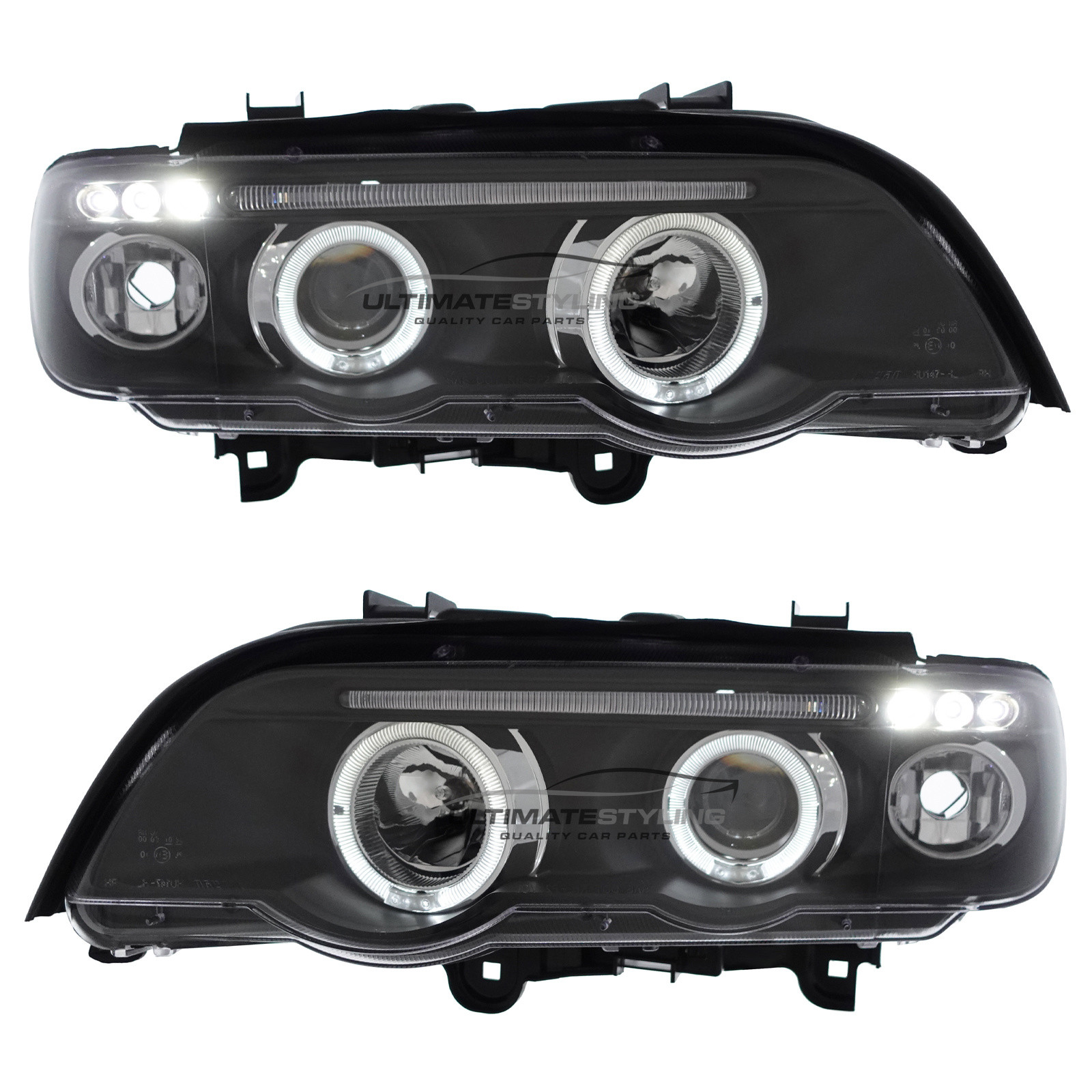 BMW E53 X5 2000-2004 Upgrade Headlights Black Inner LED Twin Angel Eyes Halo and LED DRL Projector Xenon Look
