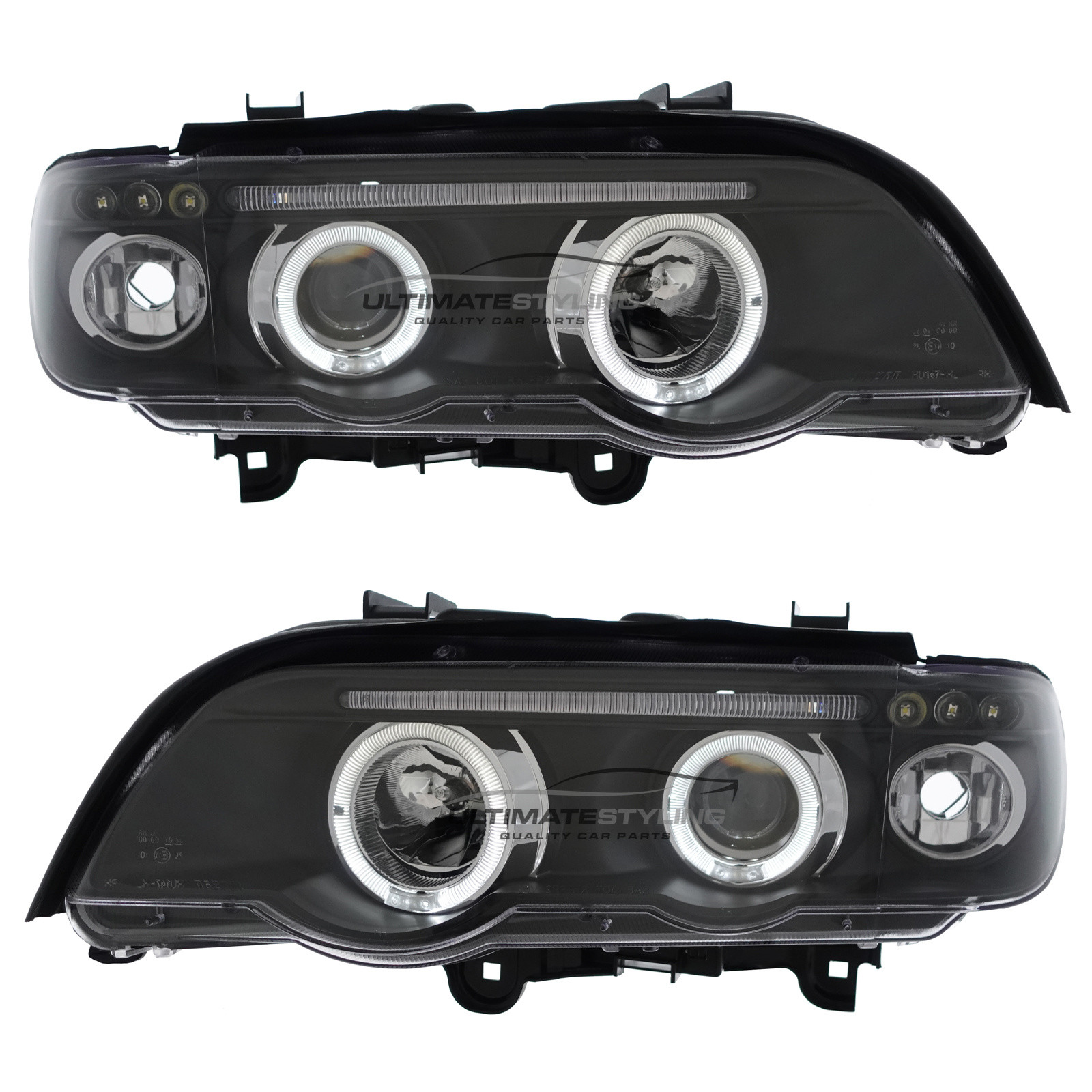 BMW E53 X5 2000-2004 Upgrade Headlights Black Inner LED Twin Angel Eyes Halo and LED DRL Projector Xenon Look
