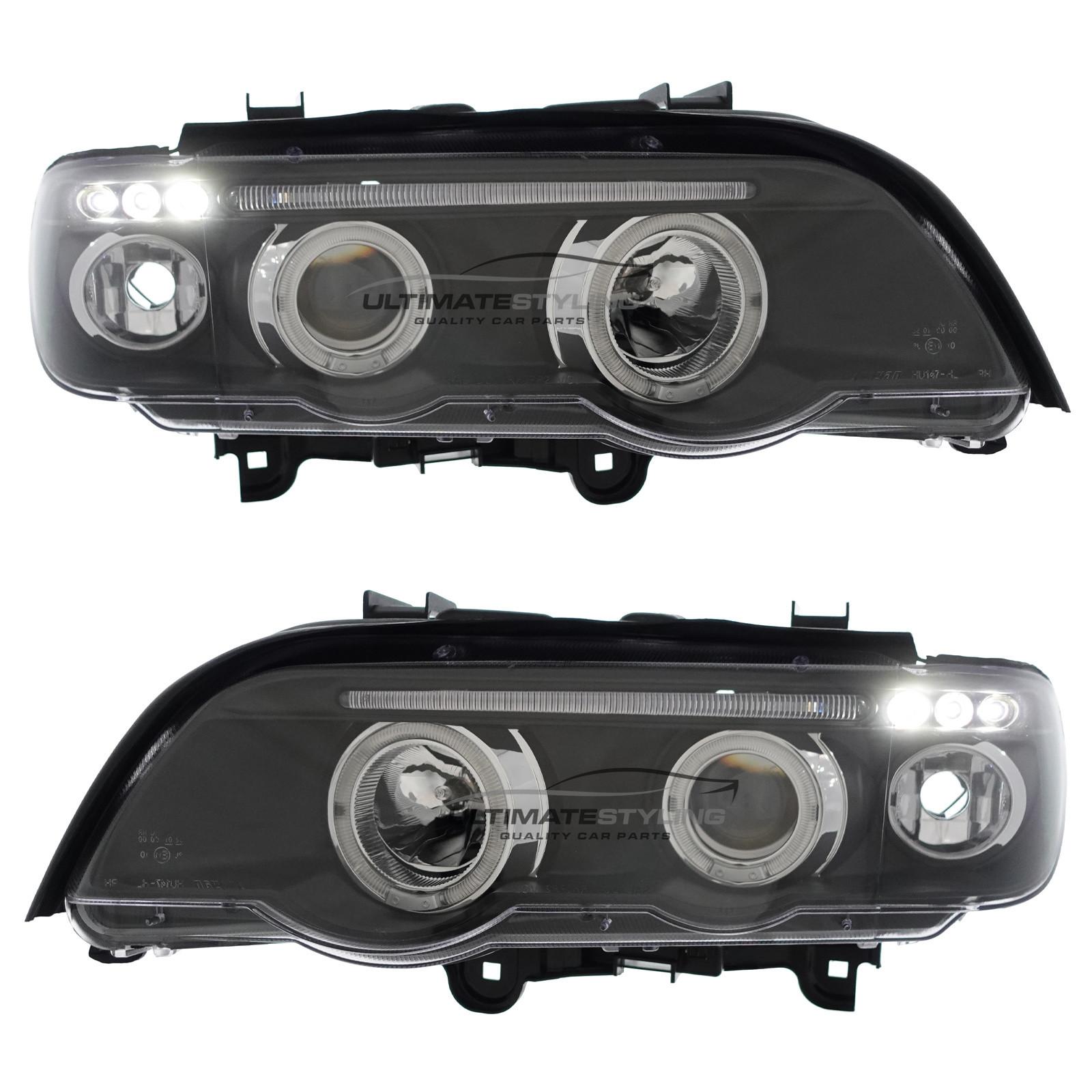 BMW E53 X5 2000-2004 Upgrade Headlights Black Inner LED Twin Angel Eyes Halo and LED DRL Projector Xenon Look