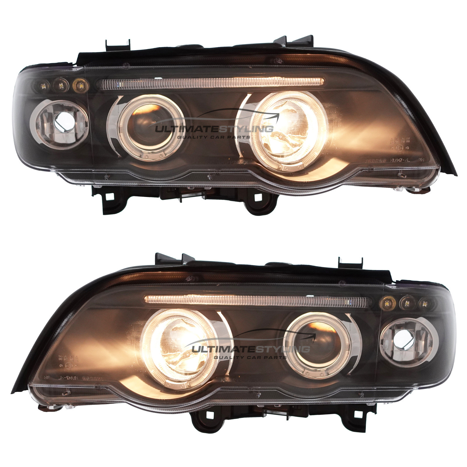 BMW E53 X5 2000-2004 Upgrade Headlights Black Inner LED Twin Angel Eyes Halo and LED DRL Projector Xenon Look