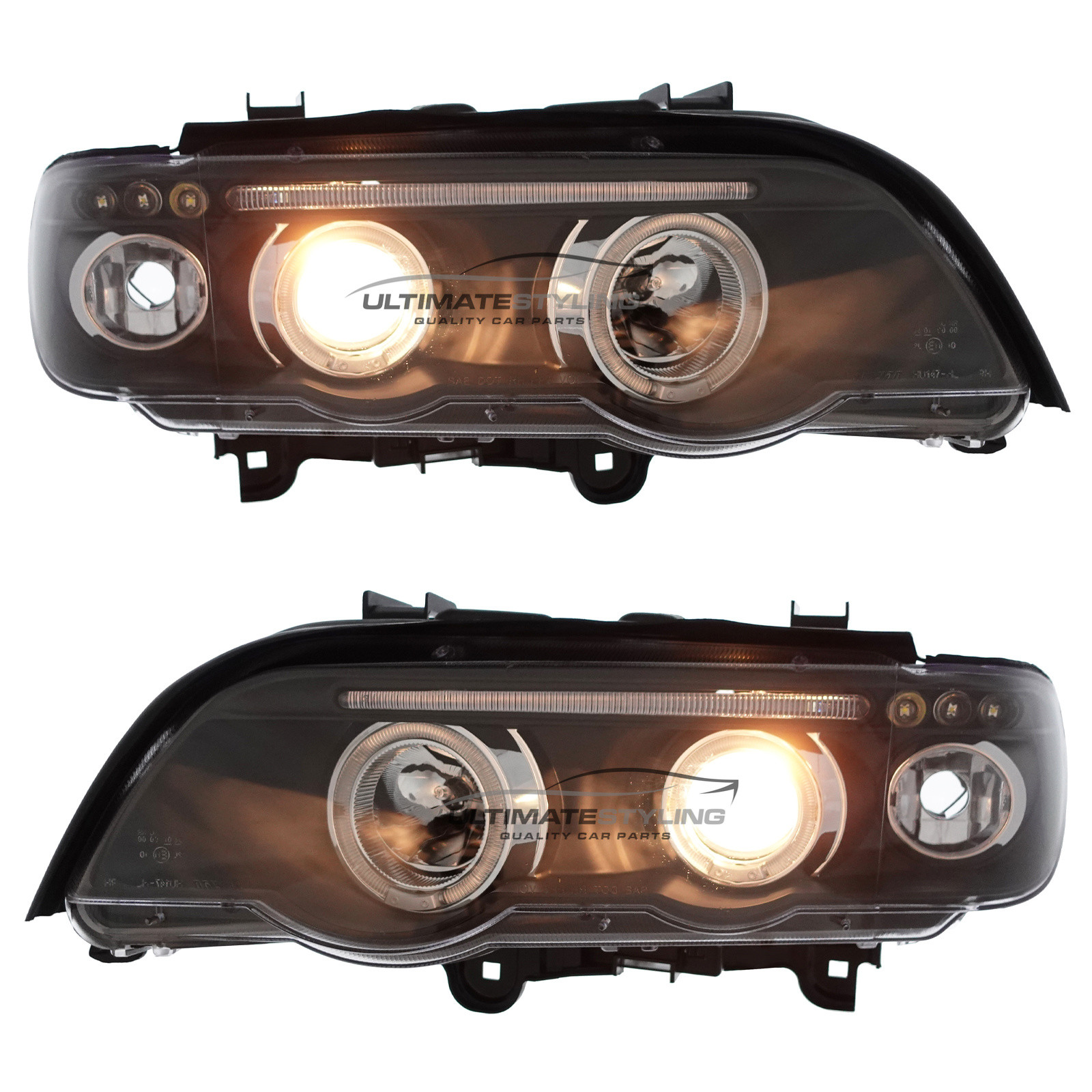 BMW E53 X5 2000-2004 Upgrade Headlights Black Inner LED Twin Angel Eyes Halo and LED DRL Projector Xenon Look