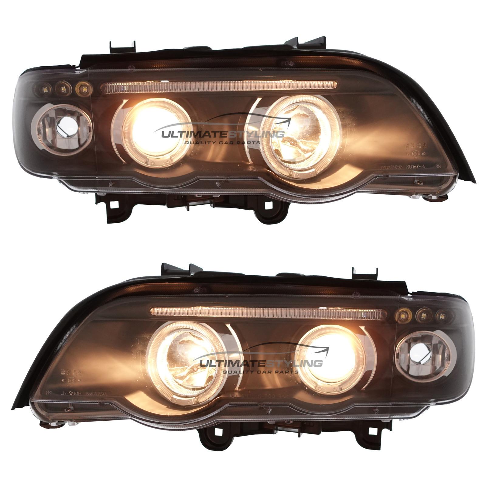 BMW E53 X5 2000-2004 Upgrade Headlights Black Inner LED Twin Angel Eyes Halo and LED DRL Projector Xenon Look