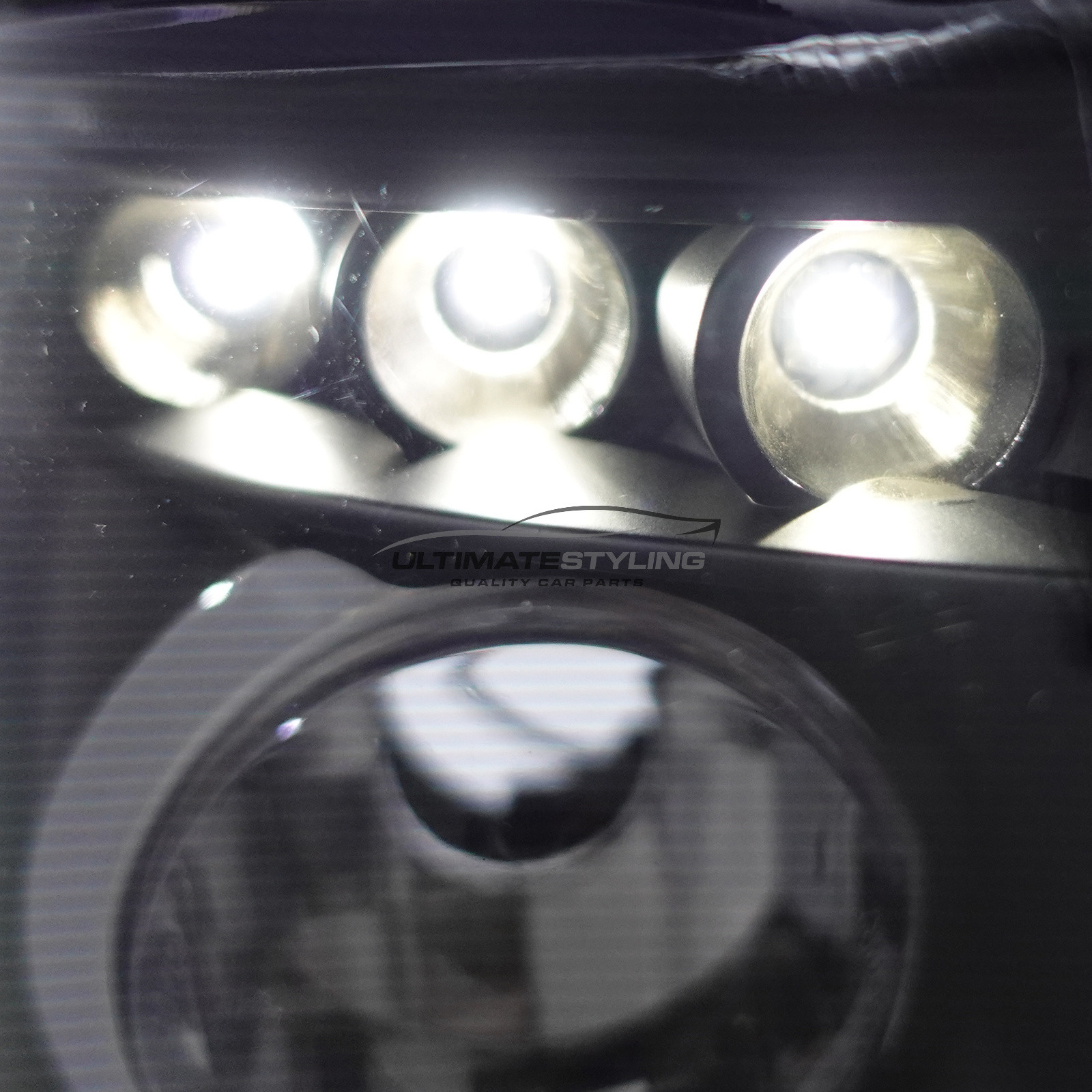 BMW E53 X5 2000-2004 Upgrade Headlights Black Inner LED Twin Angel Eyes Halo and LED DRL Projector Xenon Look