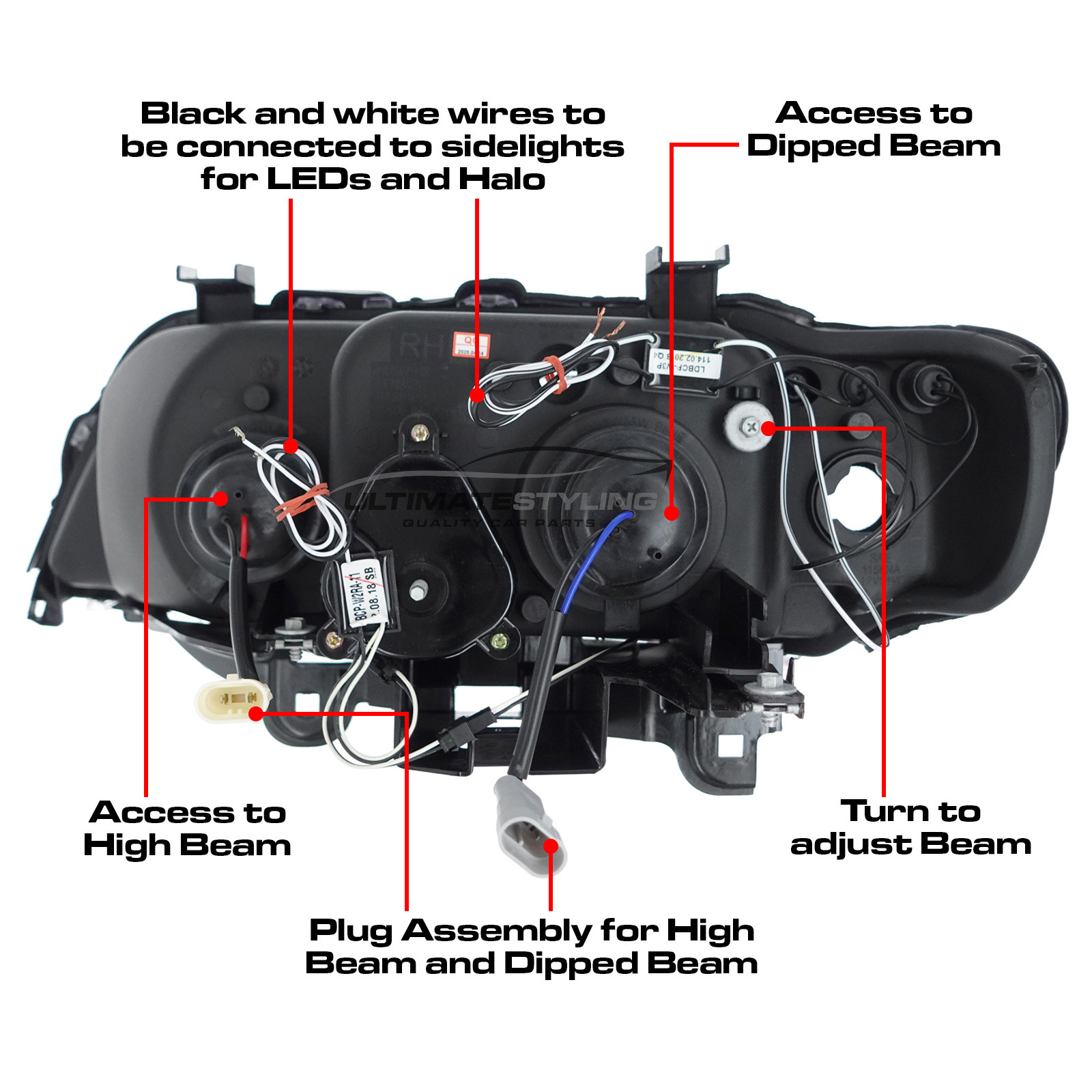 BMW E53 X5 2000-2004 Upgrade Headlights Black Inner LED Twin Angel Eyes Halo and LED DRL Projector Xenon Look