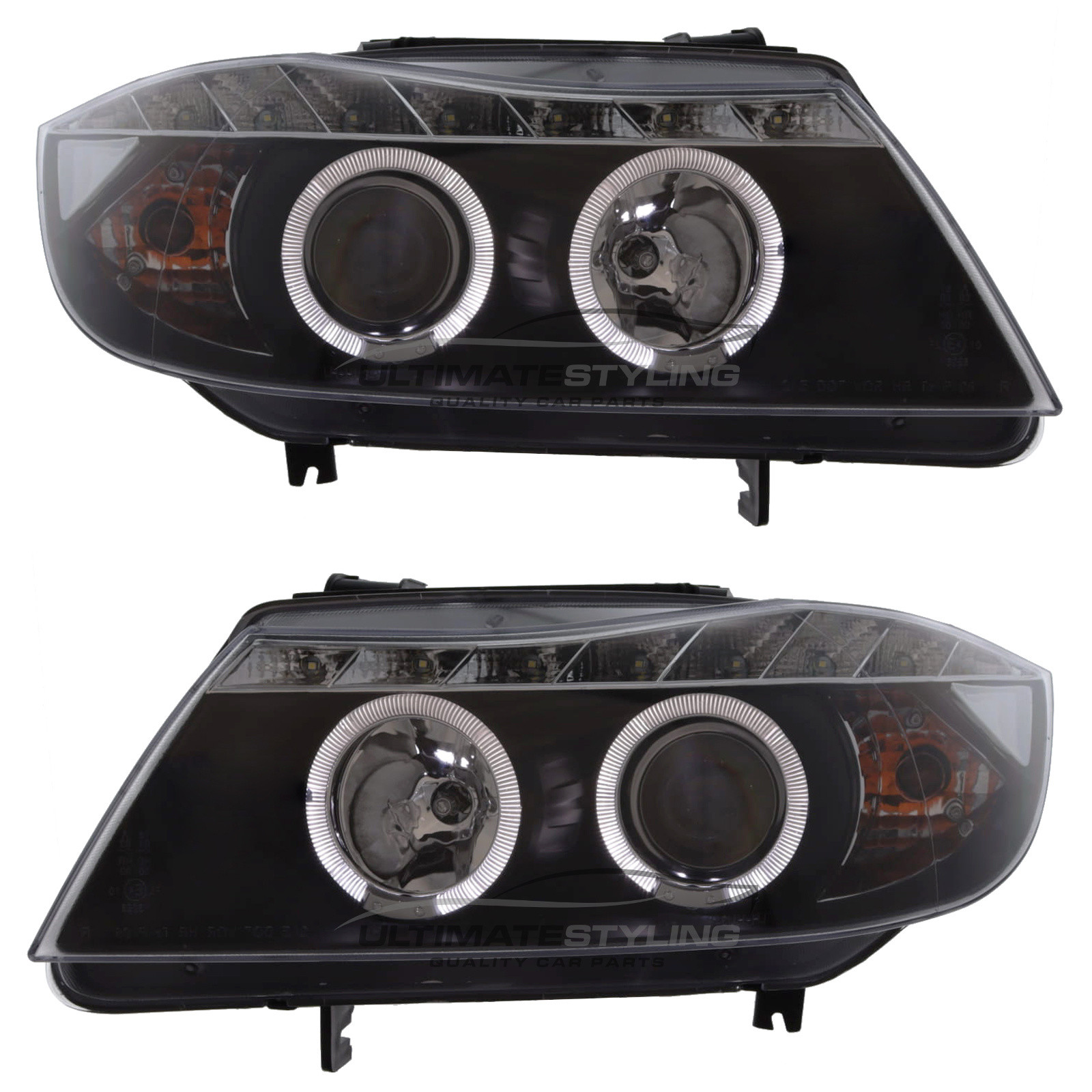 BMW 3 Series E90 & E91 2005-2008 Upgrade Headlights Black Inner LED Twin  Halo Angel Eyes with LED DRL Projector Xenon Look