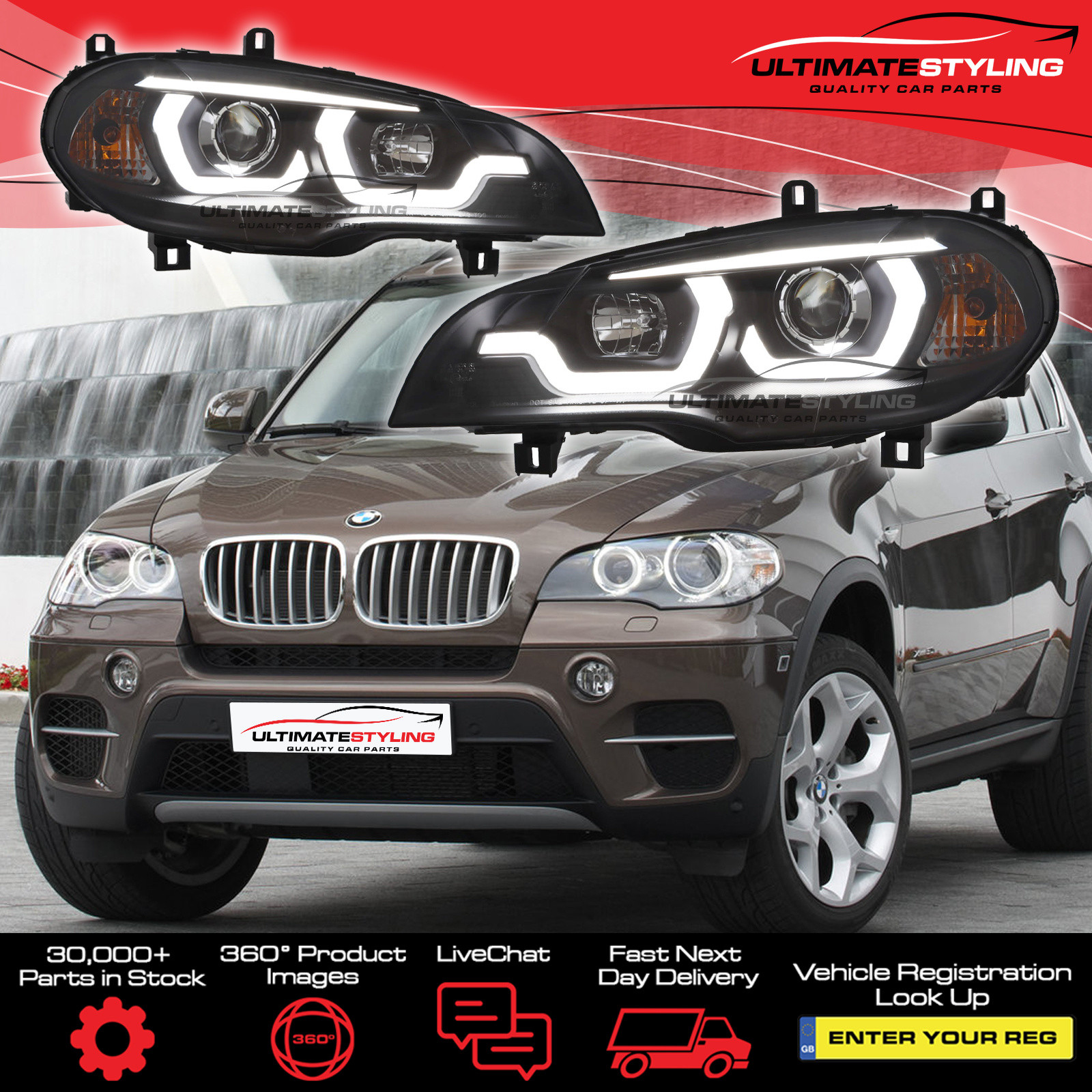 BMW X5 E70 2007-2013 Upgrade Headlights Chrome Inner LED Lightbar DRL Projector Xenon Look