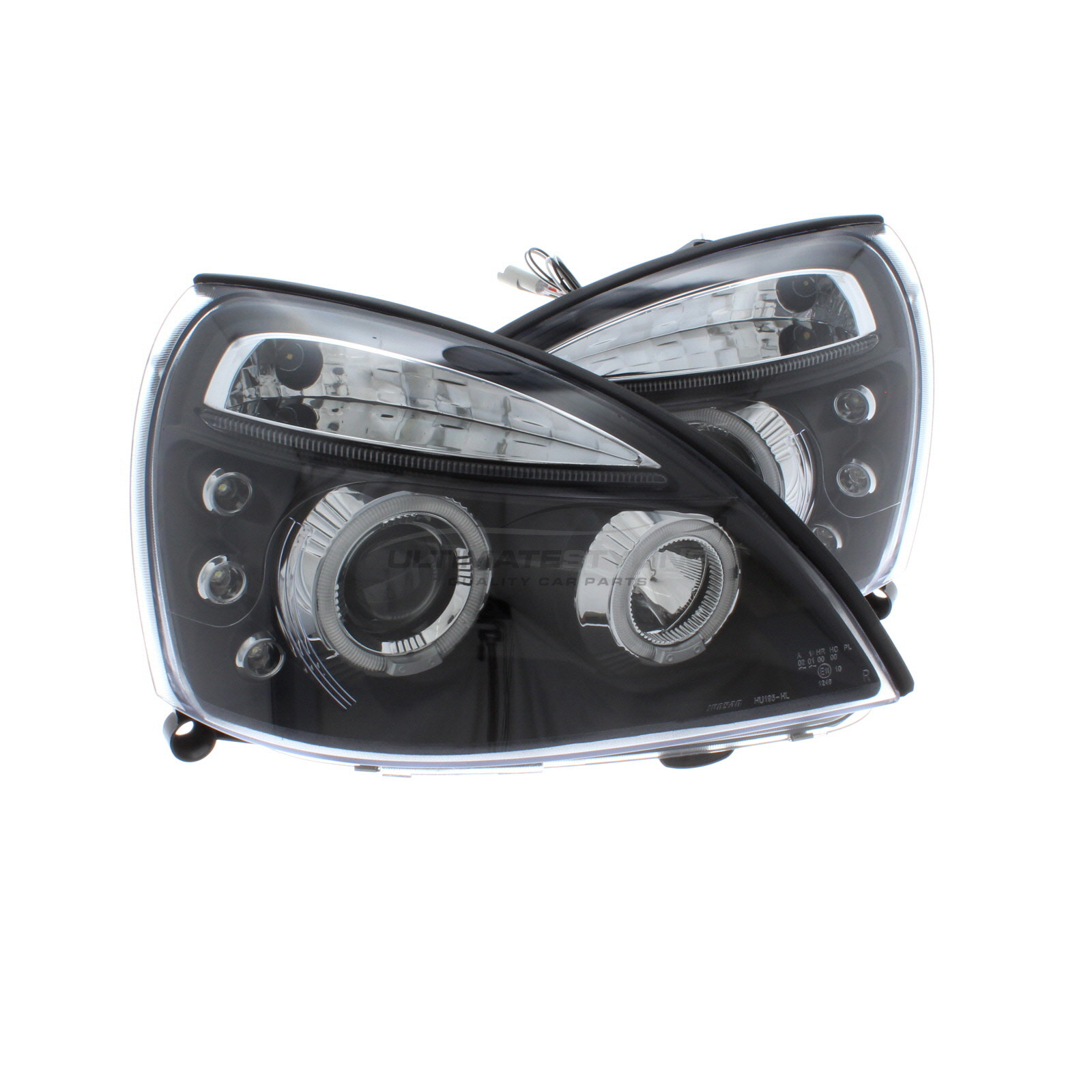 Renault Clio Mk2 2001-2005 Upgrade Headlights Black Inner Twin LED Angel Eyes with DRL Projector Xenon Look