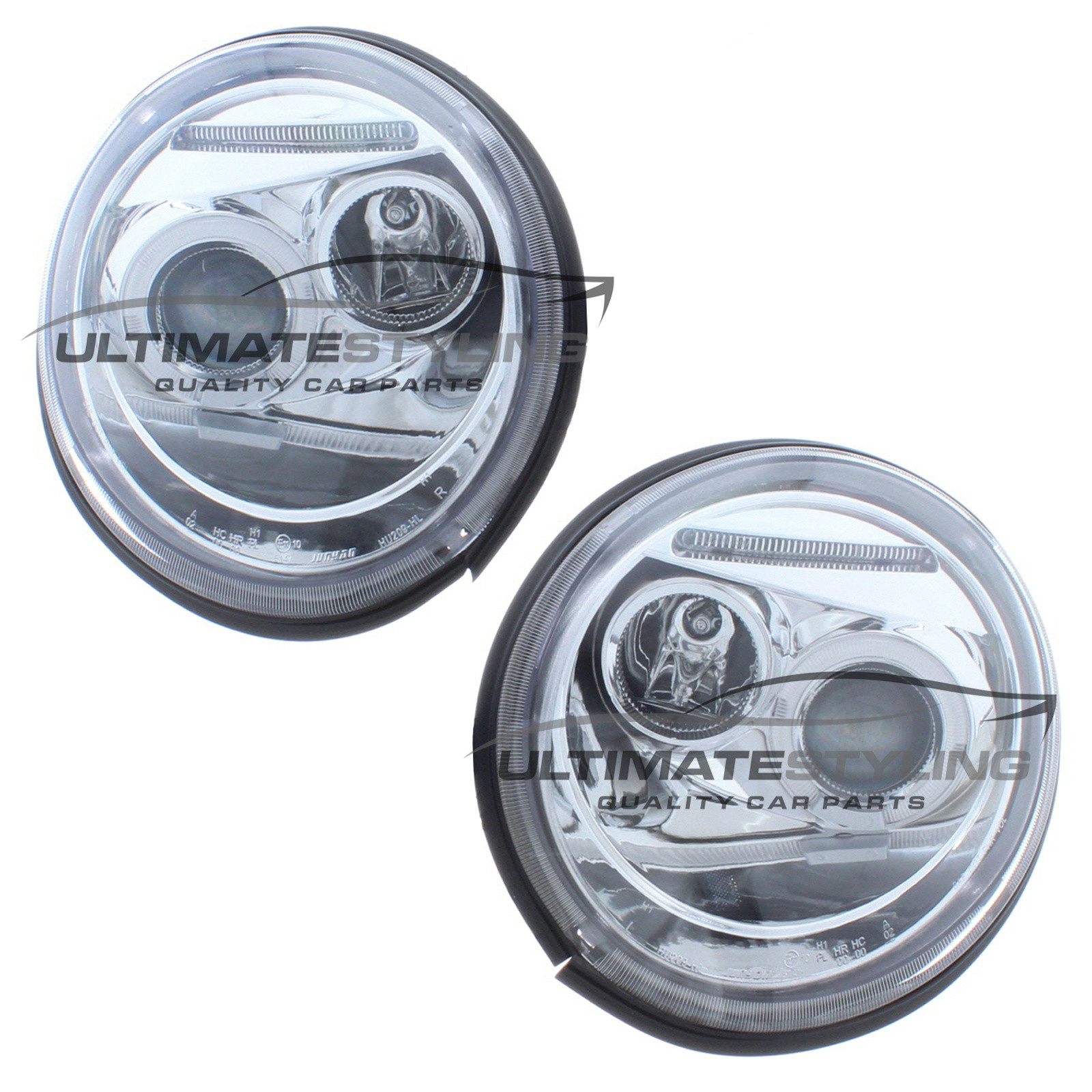 VW Beetle 1999-2006 Upgrade Headlights Chrome Inner LED Angel Eye Halo with DRL Projector Xenon Look