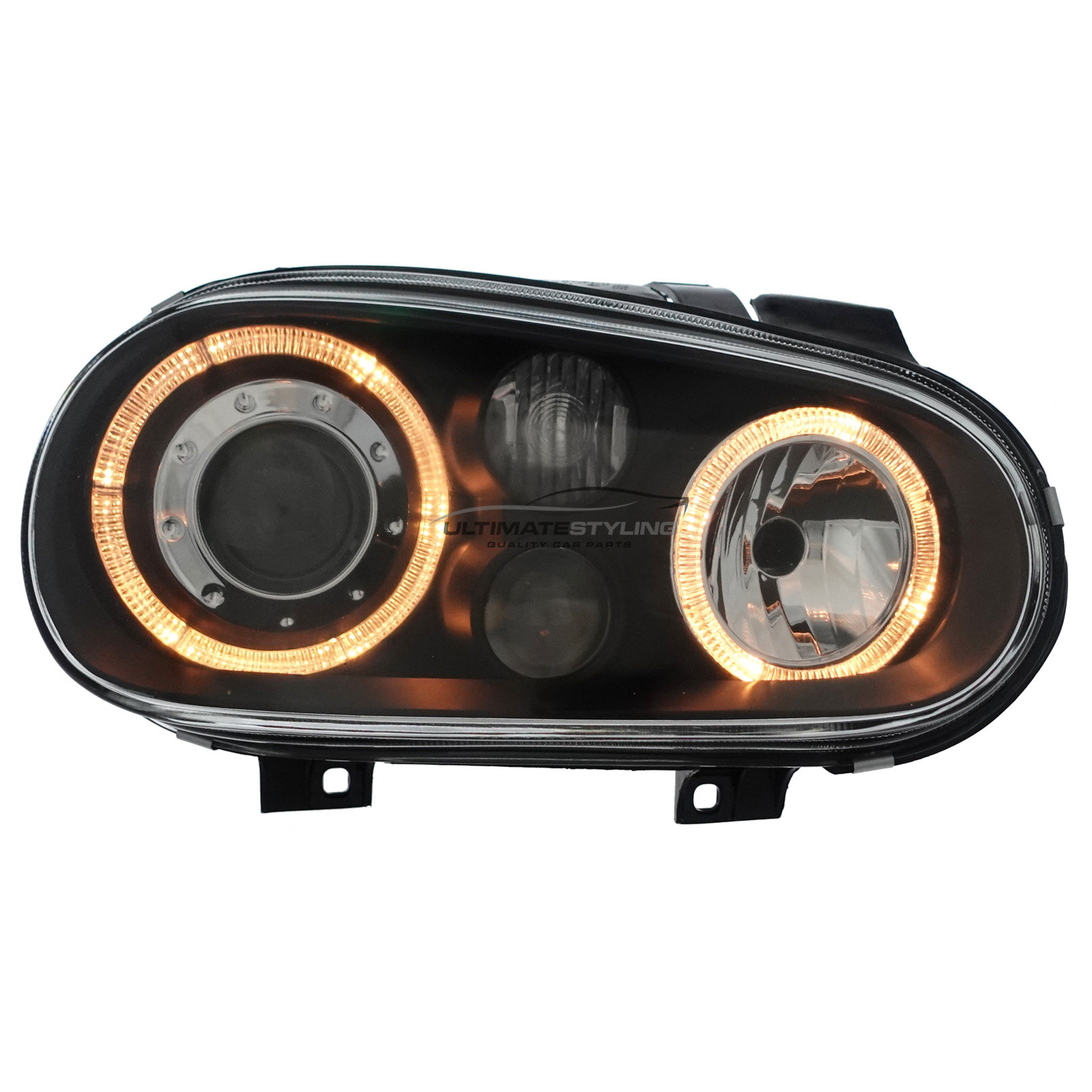 VW Golf Mk4 1997-2004 Upgrade Headlights Black Inner Twin Halo Angel Eyes Black with Fog Lights Projector Xenon Look