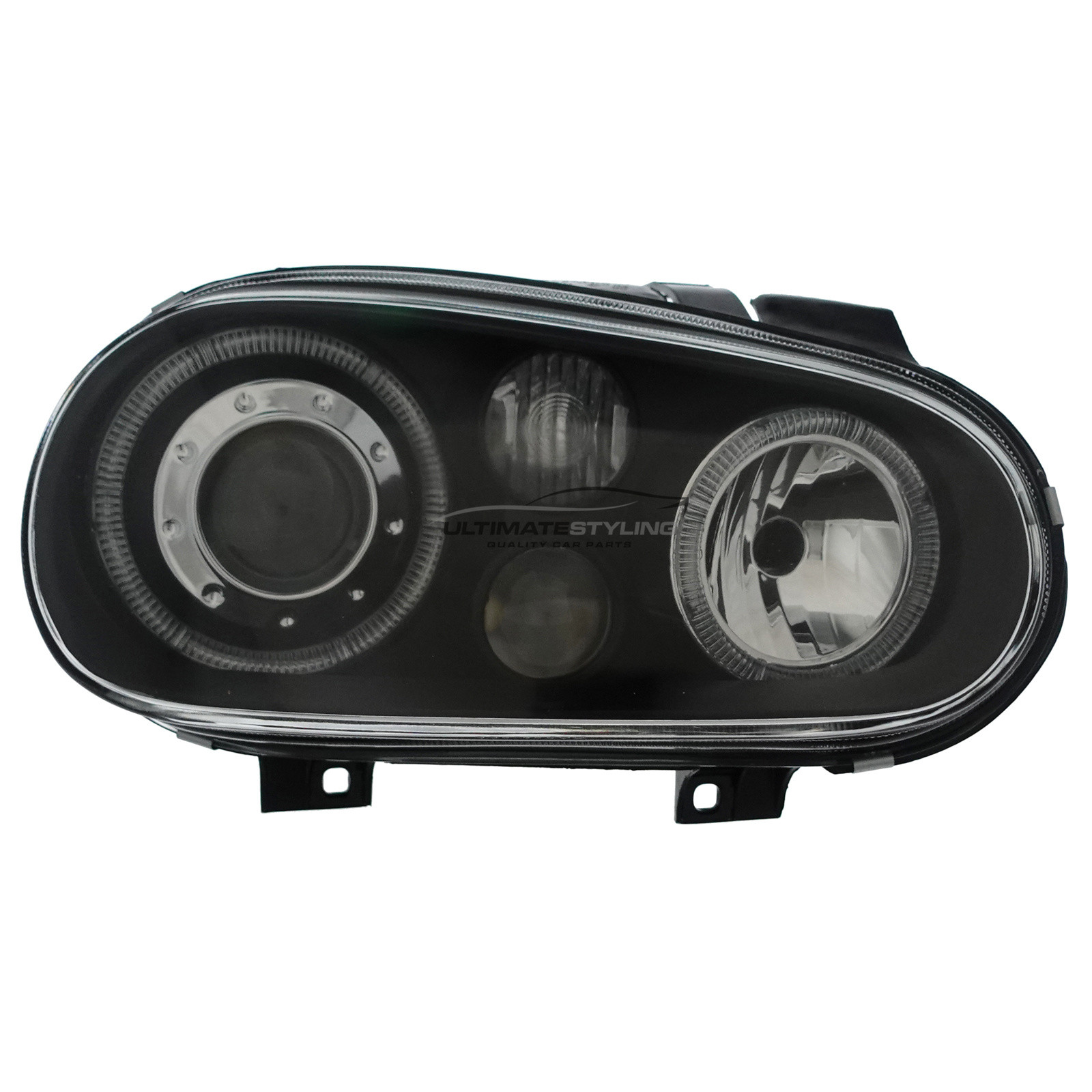 VW Golf Mk4 1997-2004 Upgrade Headlights Black Inner Twin Halo Angel Eyes Black with Fog Lights Projector Xenon Look