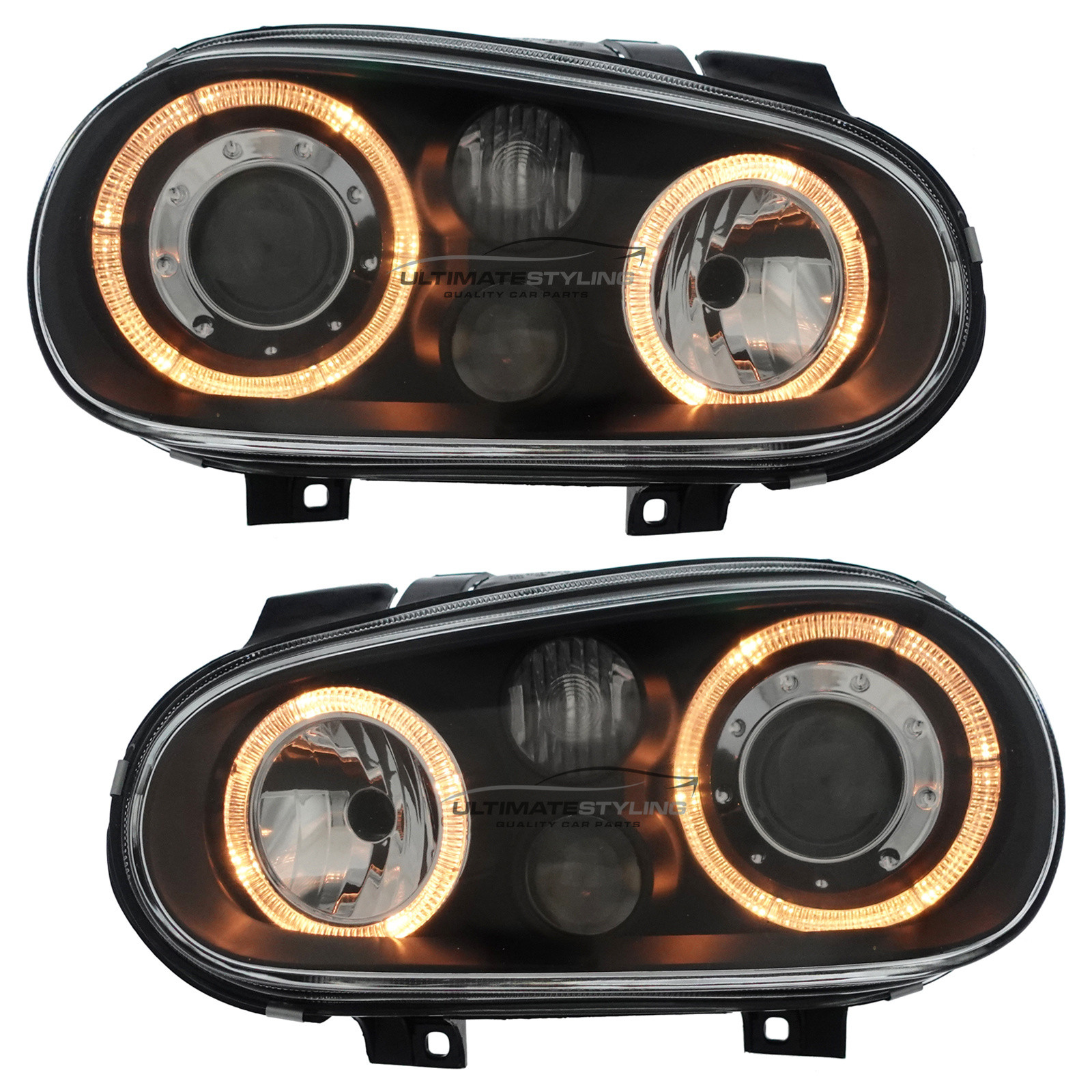 VW Golf Mk4 1997-2004 Upgrade Headlights Black Inner Twin Halo Angel Eyes Black with Fog Lights Projector Xenon Look