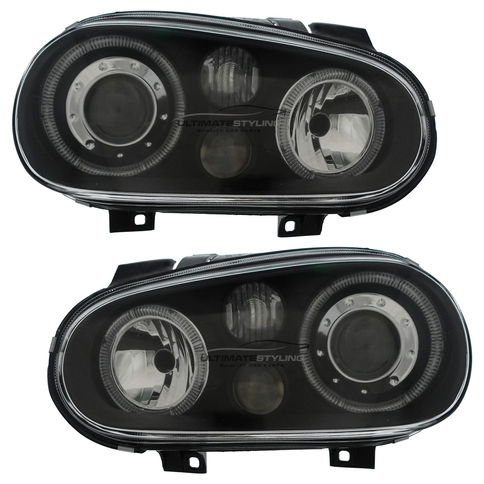 VW Golf Mk4 1997-2004 Upgrade Headlights Black Inner Twin Halo Angel Eyes Black with Fog Lights Projector Xenon Look