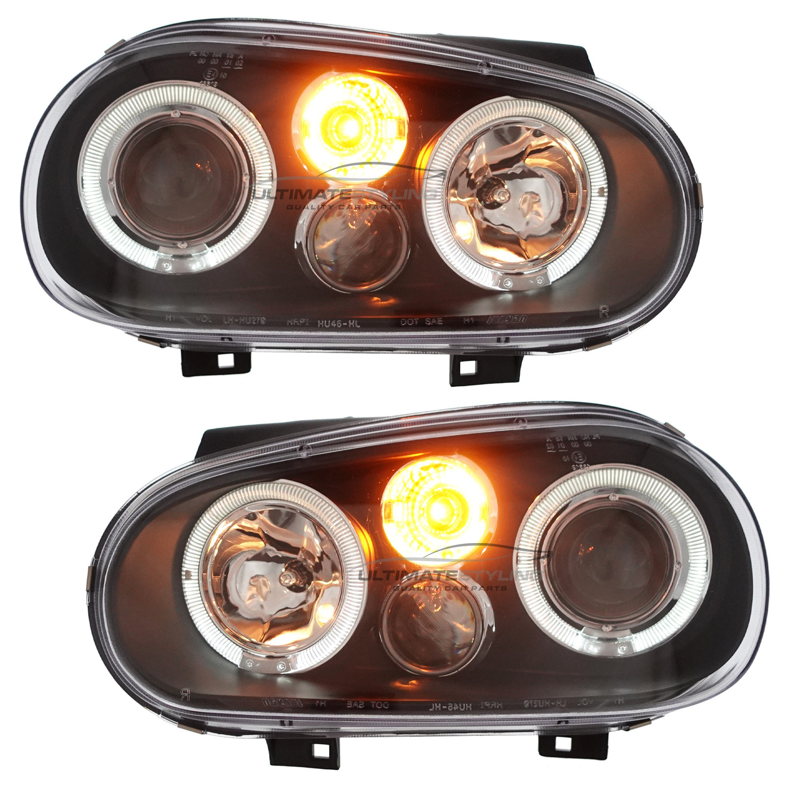 VW Golf Mk4 1997-2004 Upgrade Headlights Black Inner LED Twin Angel Eyes Halo with Fog Lights Projector Xenon Look
