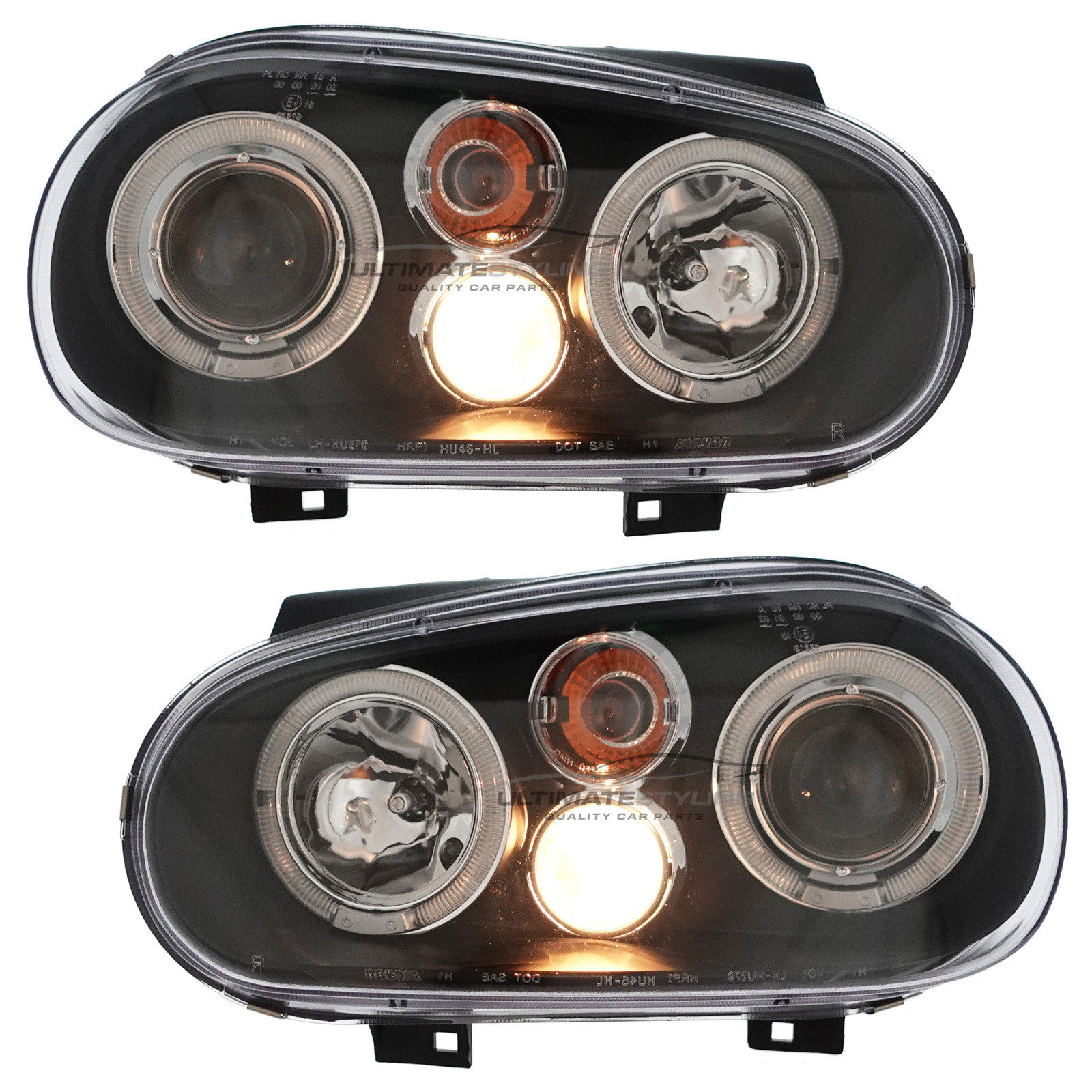 VW Golf Mk4 1997-2004 Upgrade Headlights Black Inner LED Twin Angel Eyes Halo with Fog Lights Projector Xenon Look